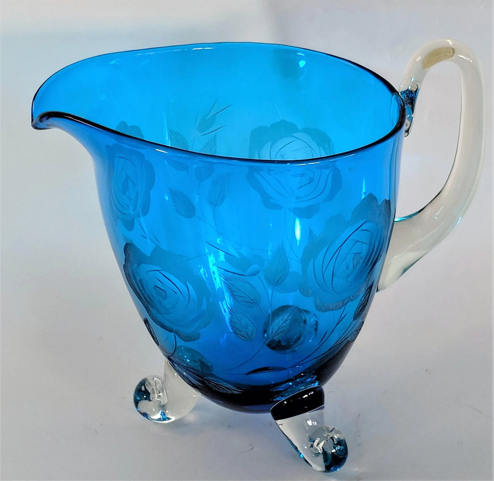 1960s Vintage Hand Blown Blue Glass Pitcher - 12