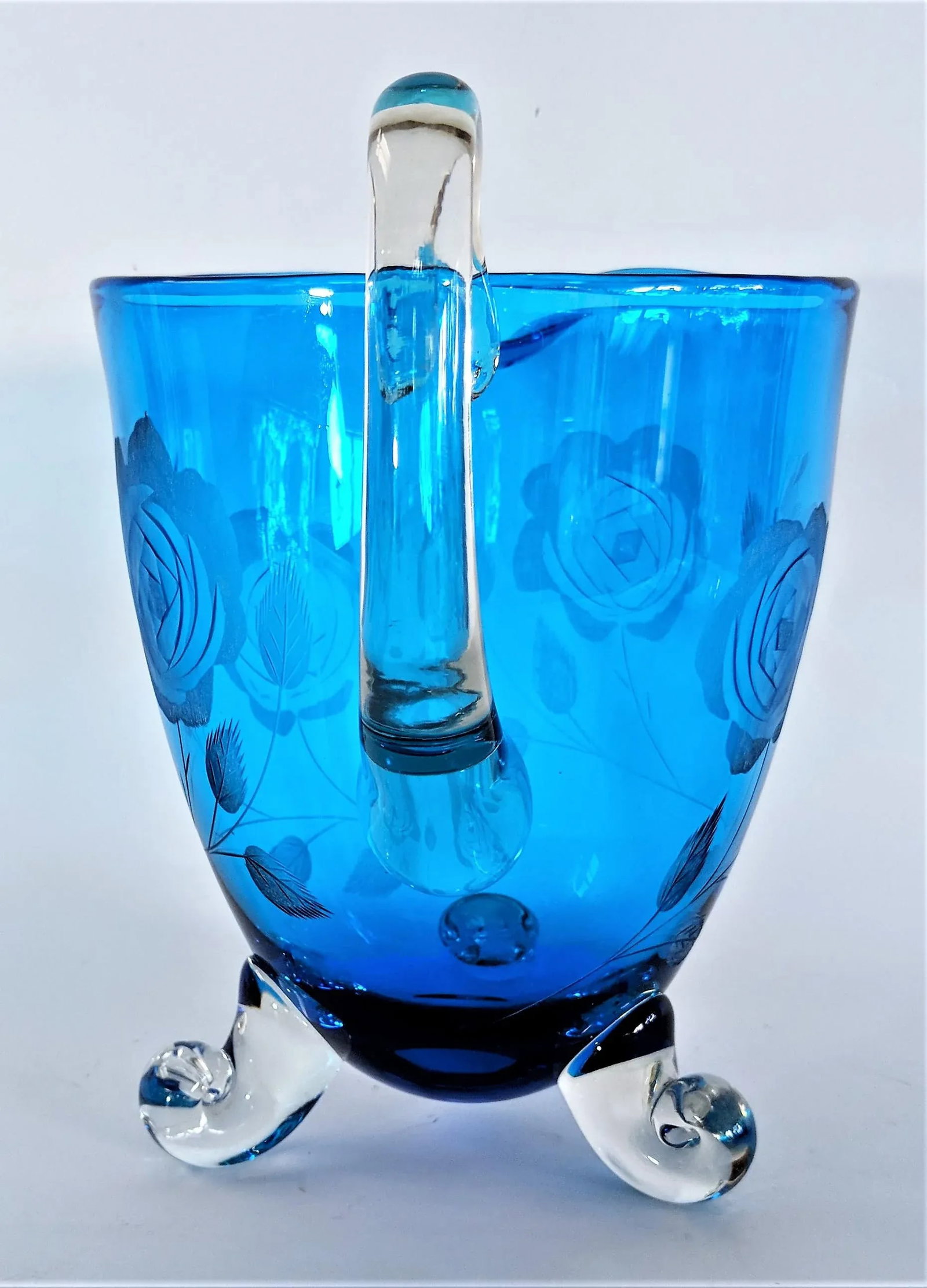 1960s Vintage Hand Blown Blue Glass Pitcher - 2