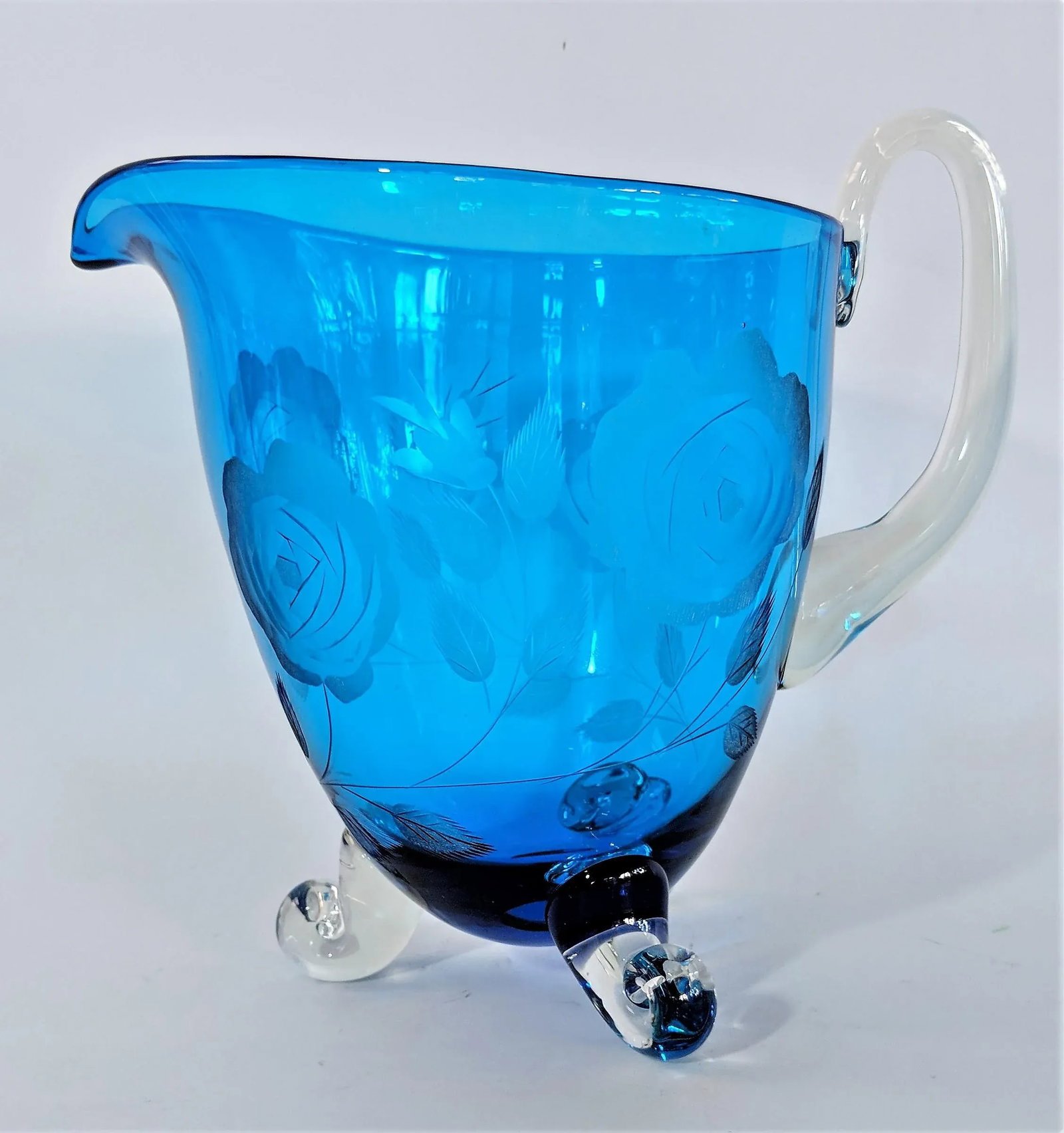 1960s Vintage Hand Blown Blue Glass Pitcher - 3