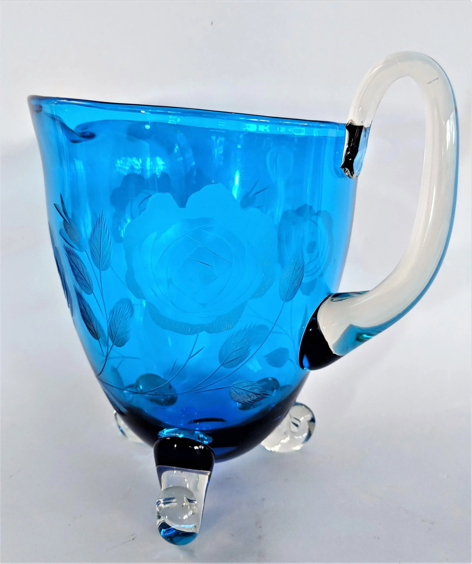 1960s Vintage Hand Blown Blue Glass Pitcher - 4
