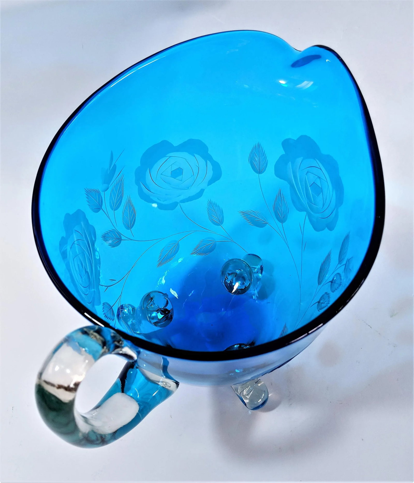 1960s Vintage Hand Blown Blue Glass Pitcher - 5