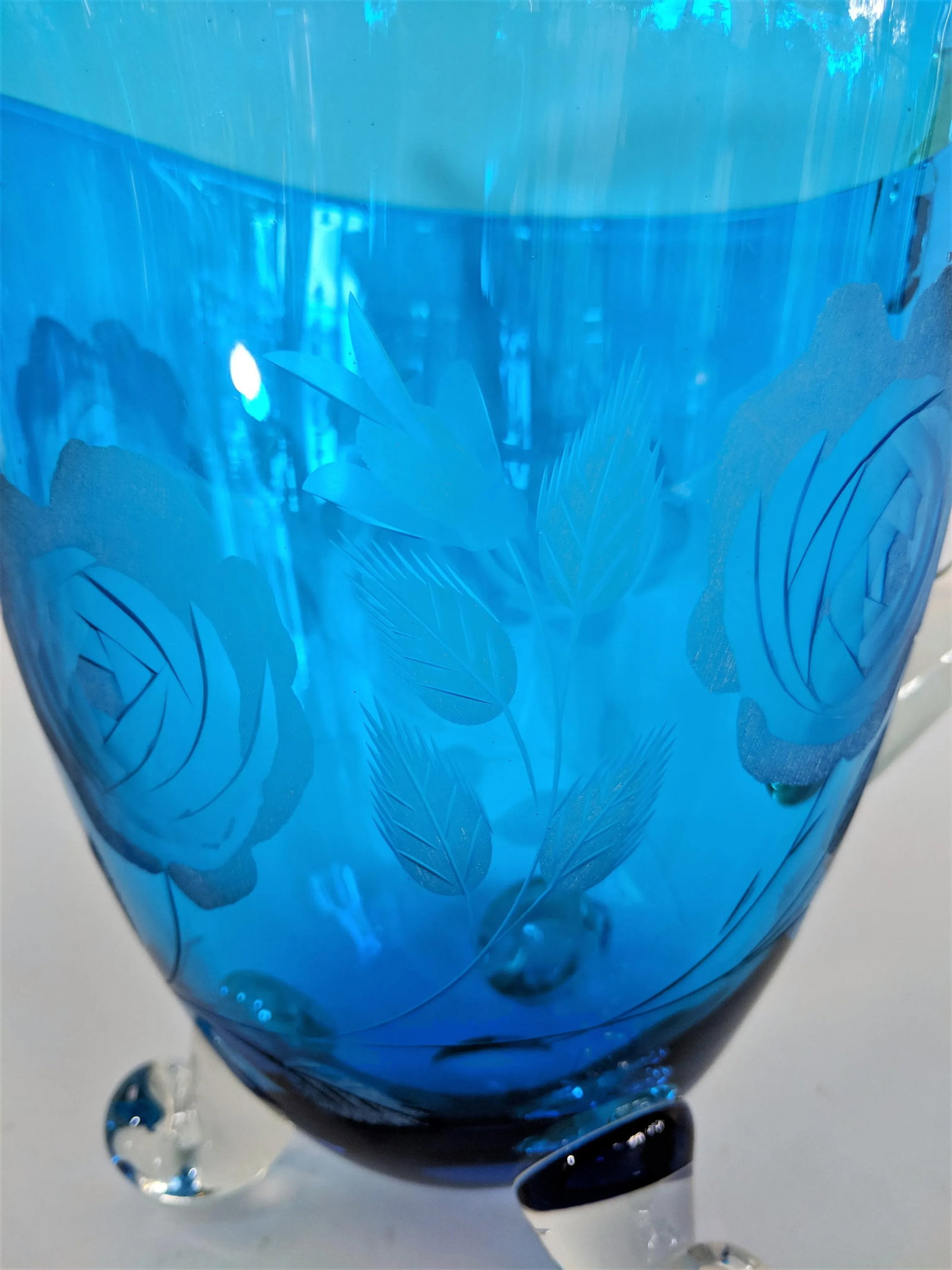 1960s Vintage Hand Blown Blue Glass Pitcher - 7