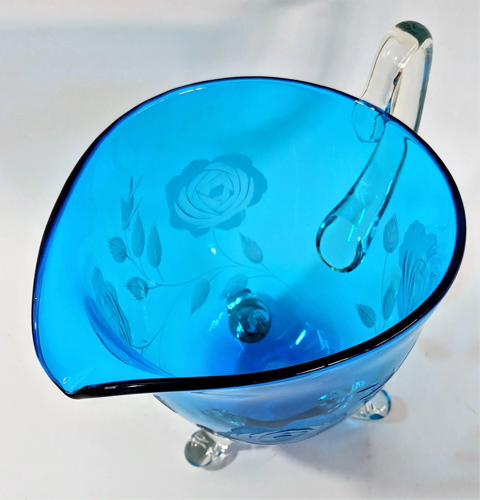 1960s Vintage Hand Blown Blue Glass Pitcher - 8