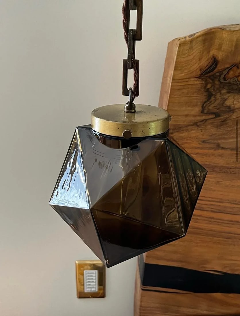Pair of 1960s Smoked Glass and Brass Pendants - 2