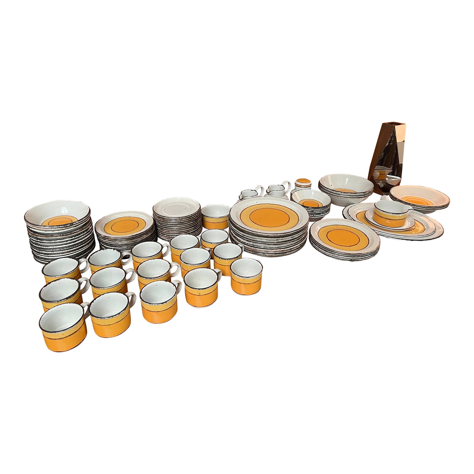 1970s Mid-Century Modern Midwinter Ltd "Sun" Stonehenge Tableware Set, Made in England- 92 Pieces: Large set of the sought after "Sun"pattern dinnerware set made in England. This is from the Stonehenge collection and was discontinued in the 80's. This is used and is in great condition for its age. 