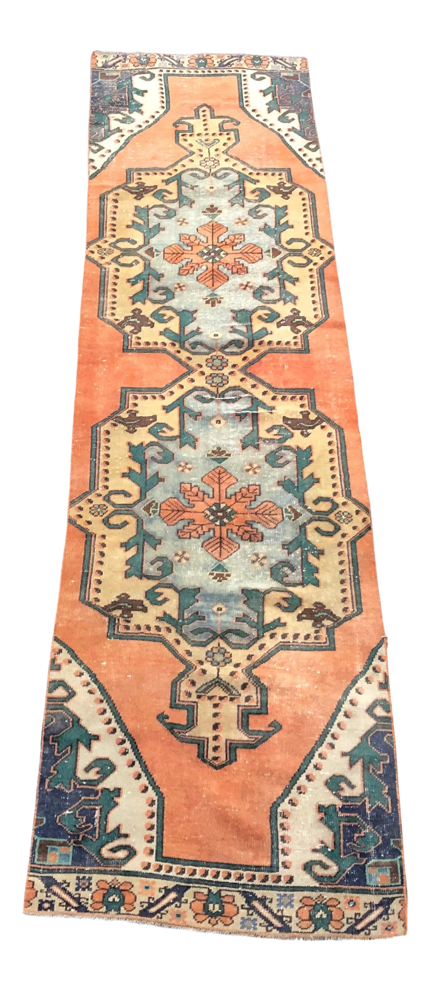 Vintage Turkish Orange Handmade Runner Rug - 2'11'' * 11'5'': Authentic Turkish Wool Traditional Vintage Hallway Decor Runner Rug Condition: Alterations: Original Condition Unaltered Imperfections: Some Imperfections Condition Notes: Excellent Origin: Turkey