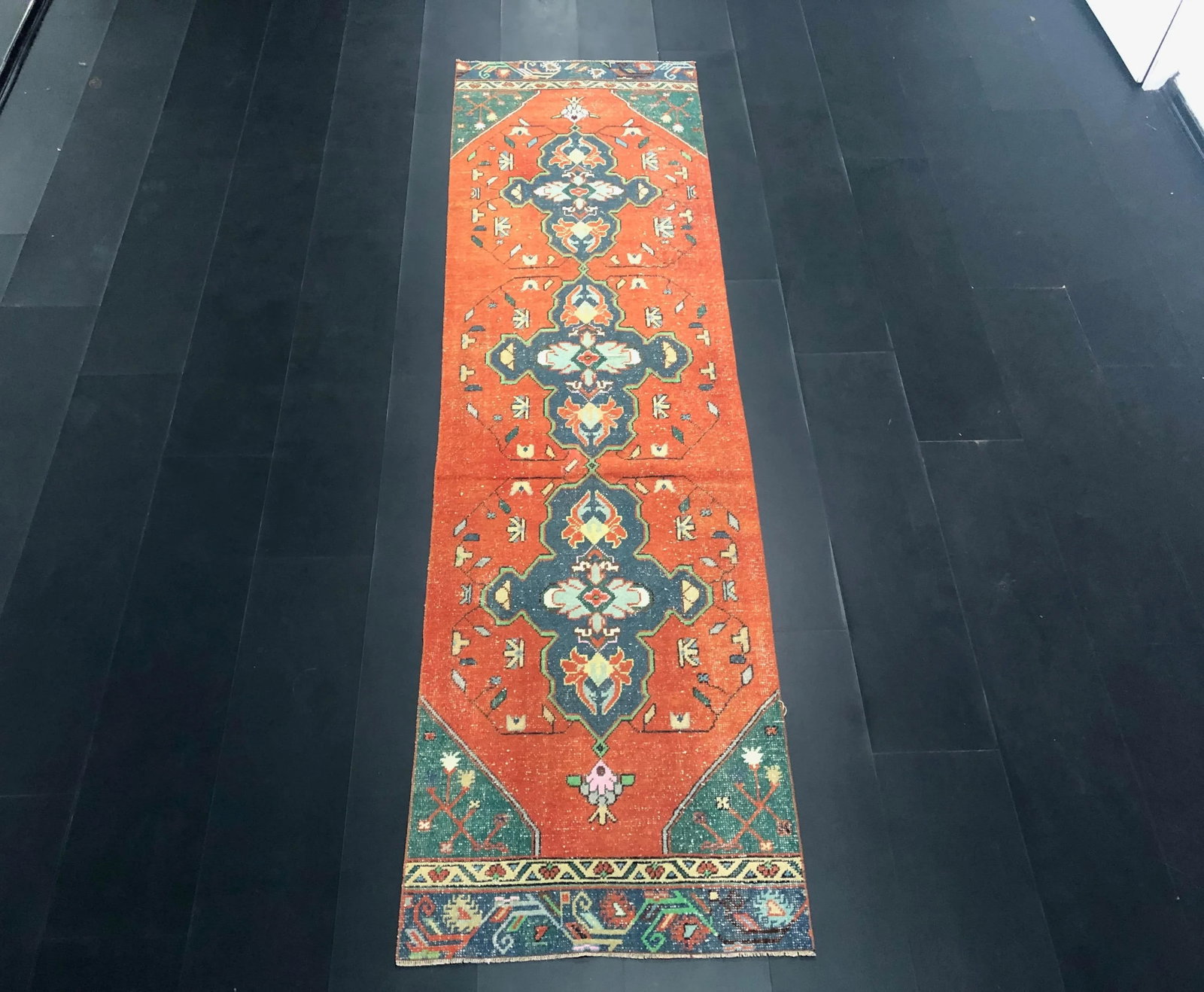 Orange and Blue Bohemian Turkish Handmade Faded Oushak Runner Rug - 11