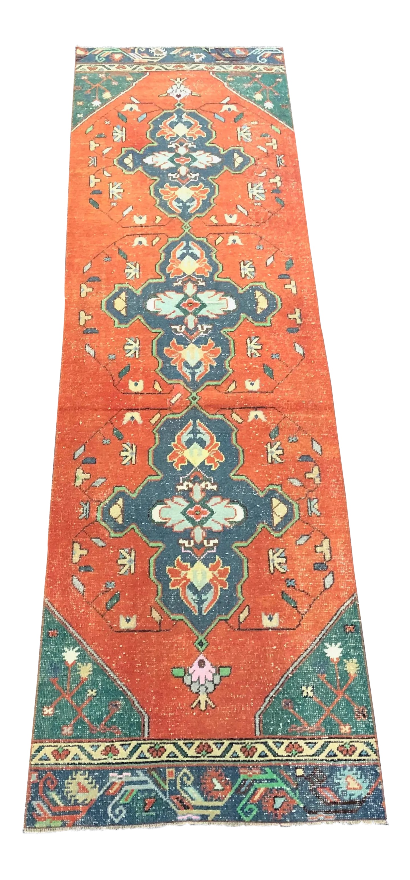 Orange and Blue Bohemian Turkish Handmade Faded Oushak Runner Rug: Handmade wool carpet in Turkish Anatolia , Vintage Oushak Rug,Turkish Vintage Anatolian Rug, Handmade wool Rug . One Of Kind Vintage Rug with perfect design and colors. Condition: Alterations: Origina