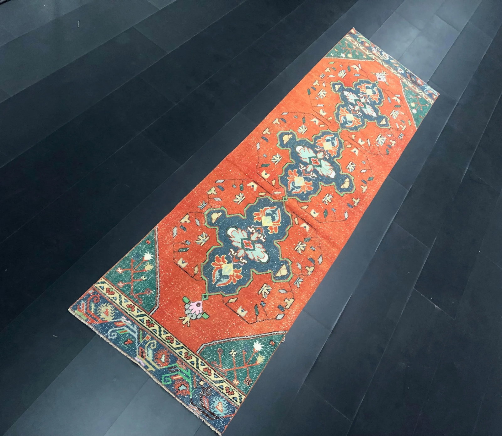 Orange and Blue Bohemian Turkish Handmade Faded Oushak Runner Rug - 2