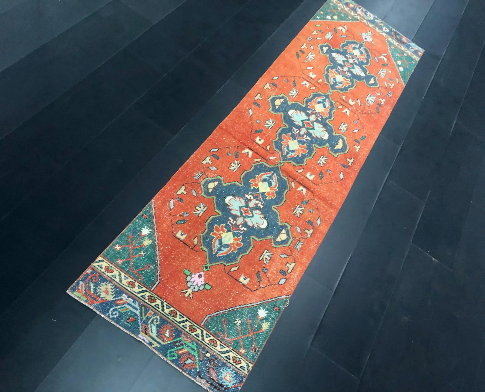 Orange and Blue Bohemian Turkish Handmade Faded Oushak Runner Rug - 3