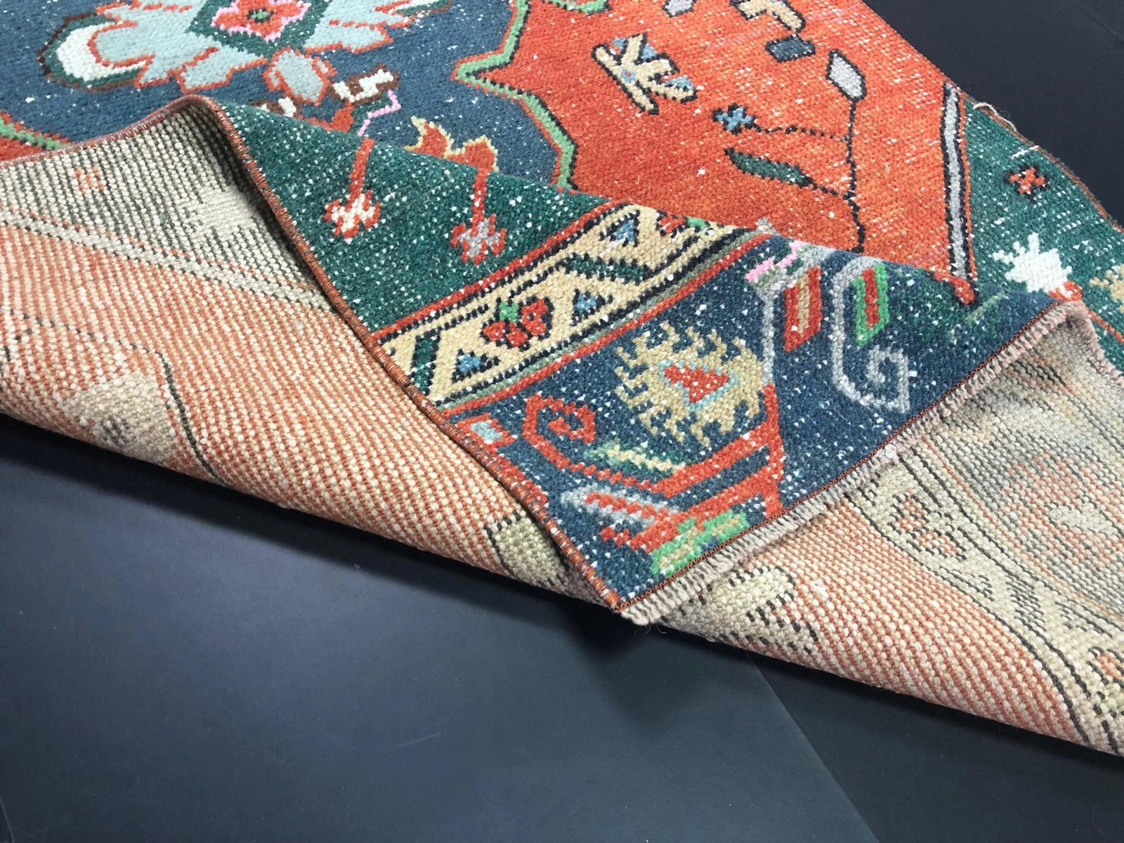 Orange and Blue Bohemian Turkish Handmade Faded Oushak Runner Rug - 4