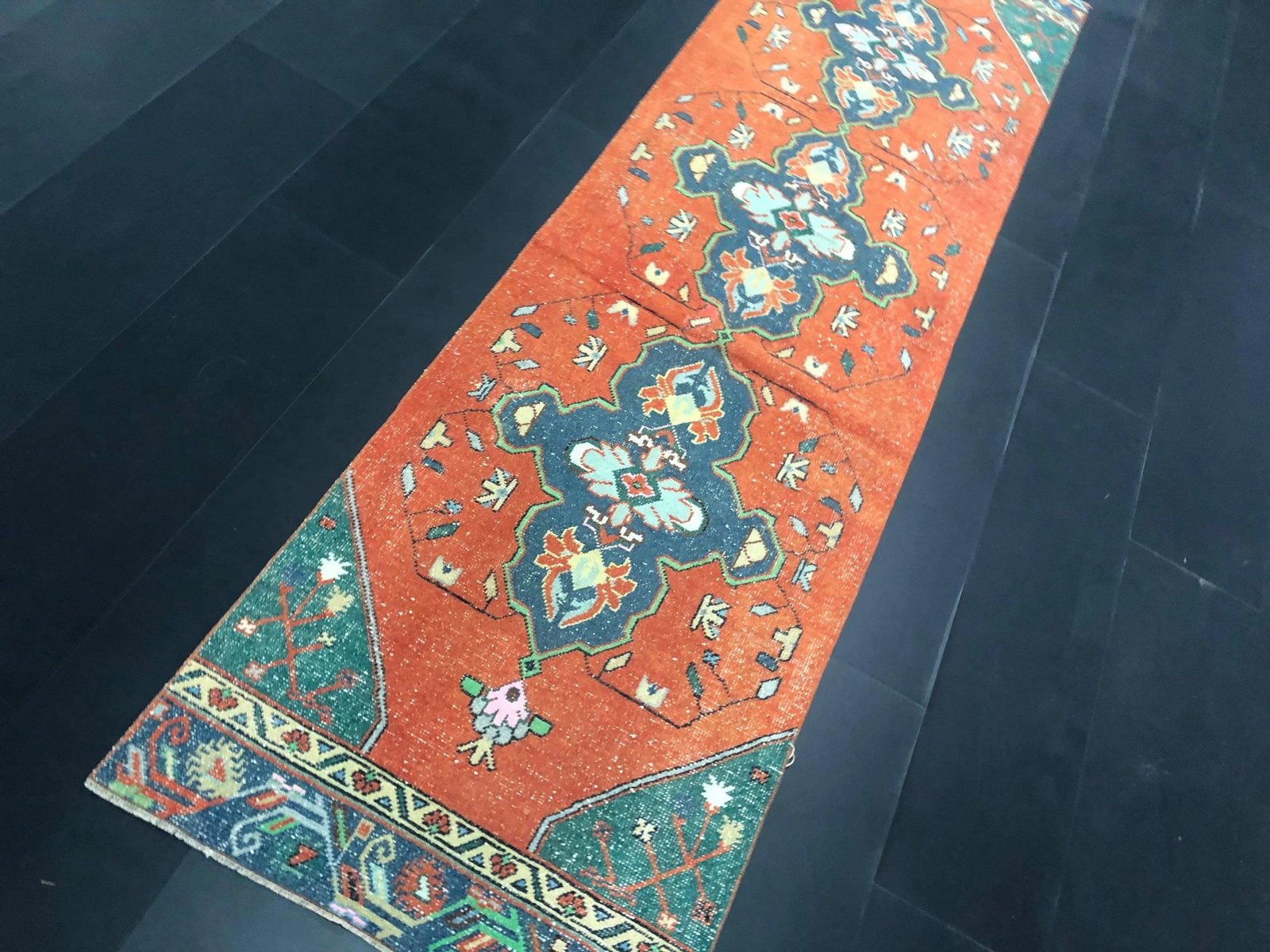 Orange and Blue Bohemian Turkish Handmade Faded Oushak Runner Rug - 5