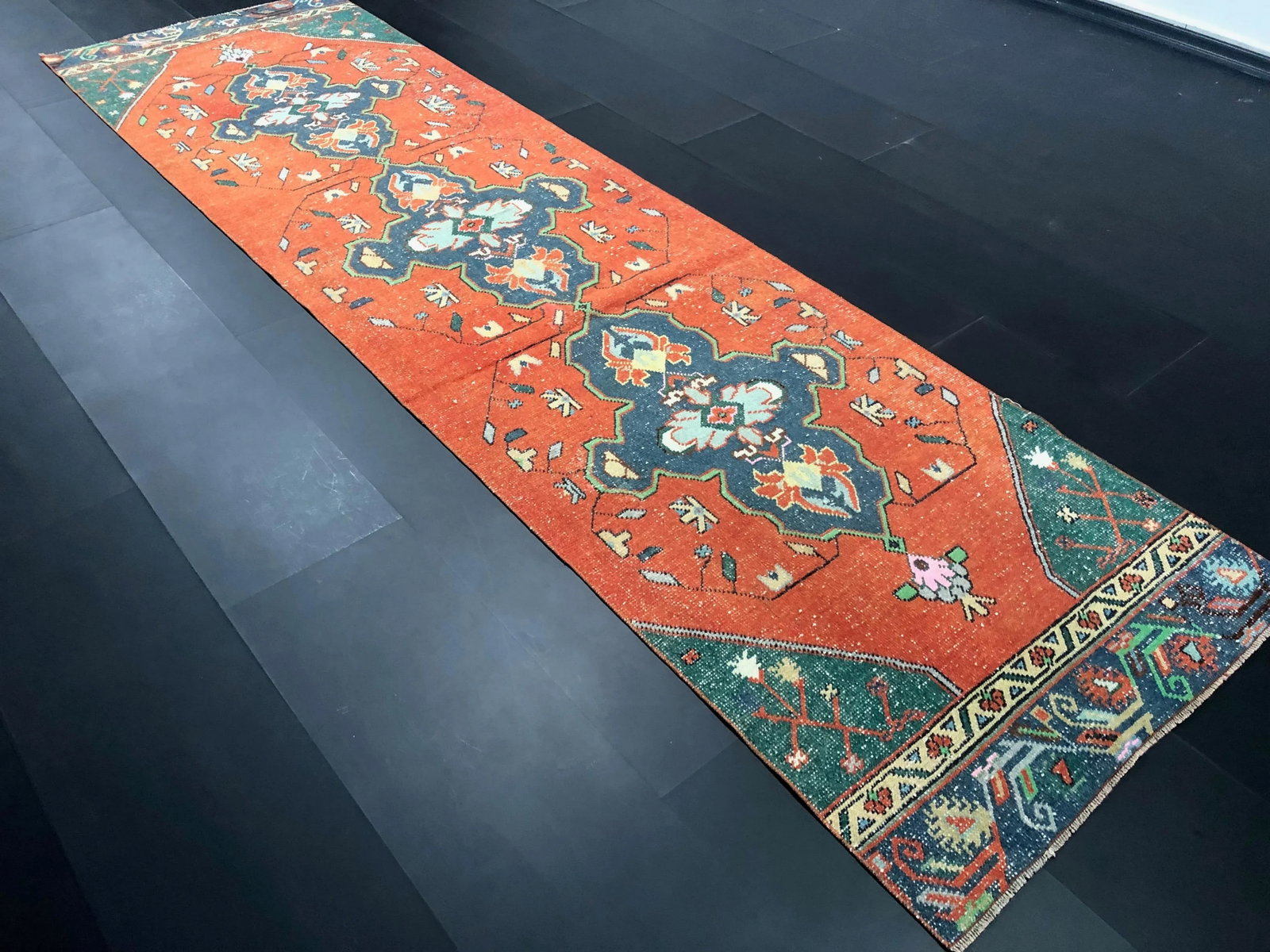 Orange and Blue Bohemian Turkish Handmade Faded Oushak Runner Rug - 6