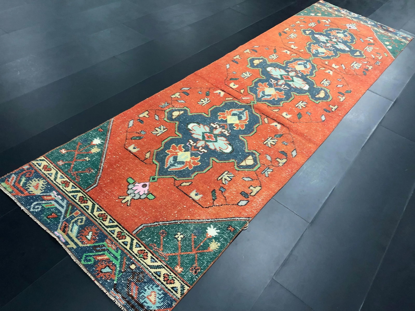 Orange and Blue Bohemian Turkish Handmade Faded Oushak Runner Rug - 7