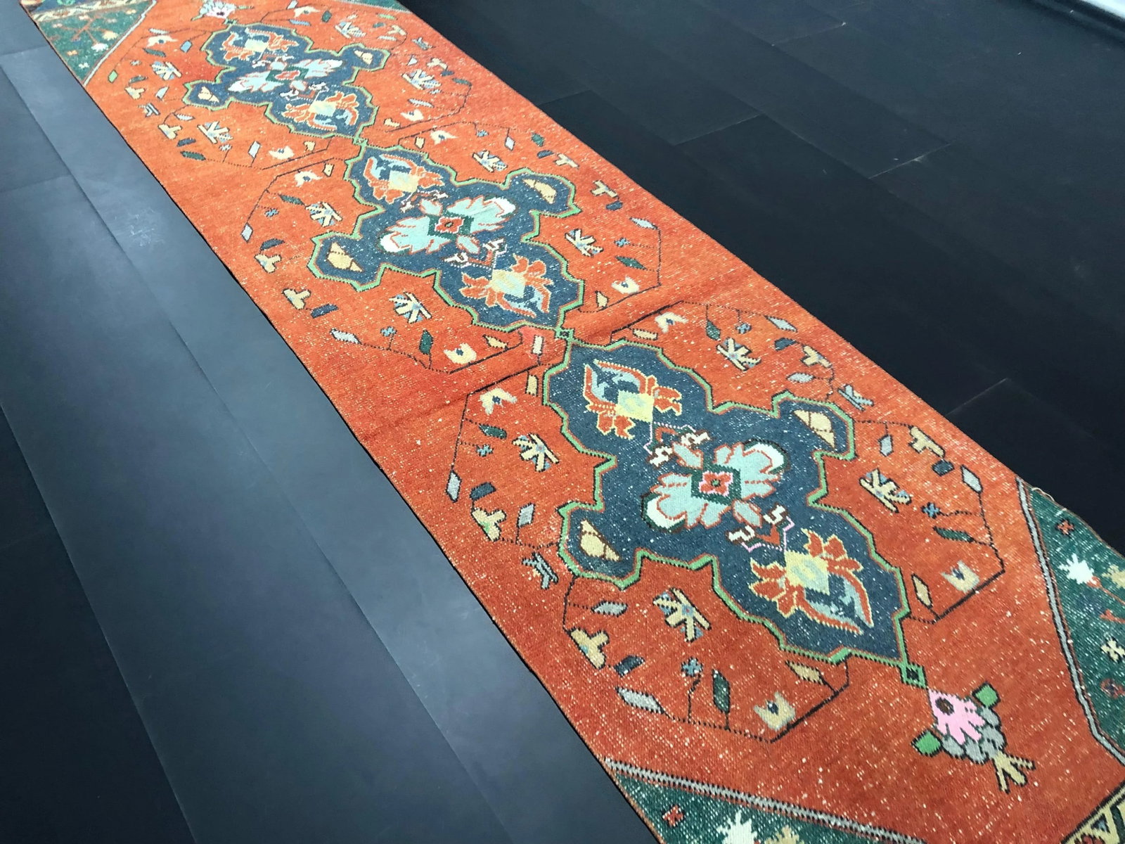 Orange and Blue Bohemian Turkish Handmade Faded Oushak Runner Rug - 8