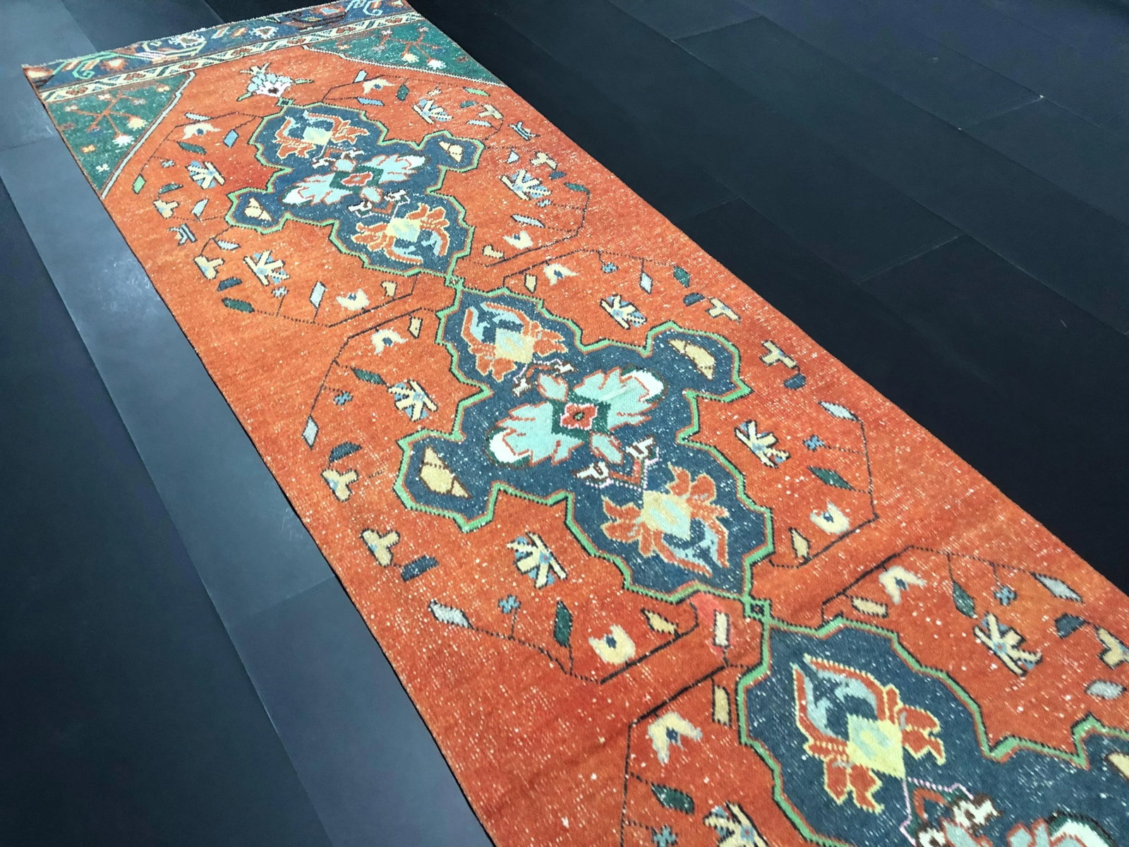 Orange and Blue Bohemian Turkish Handmade Faded Oushak Runner Rug - 9