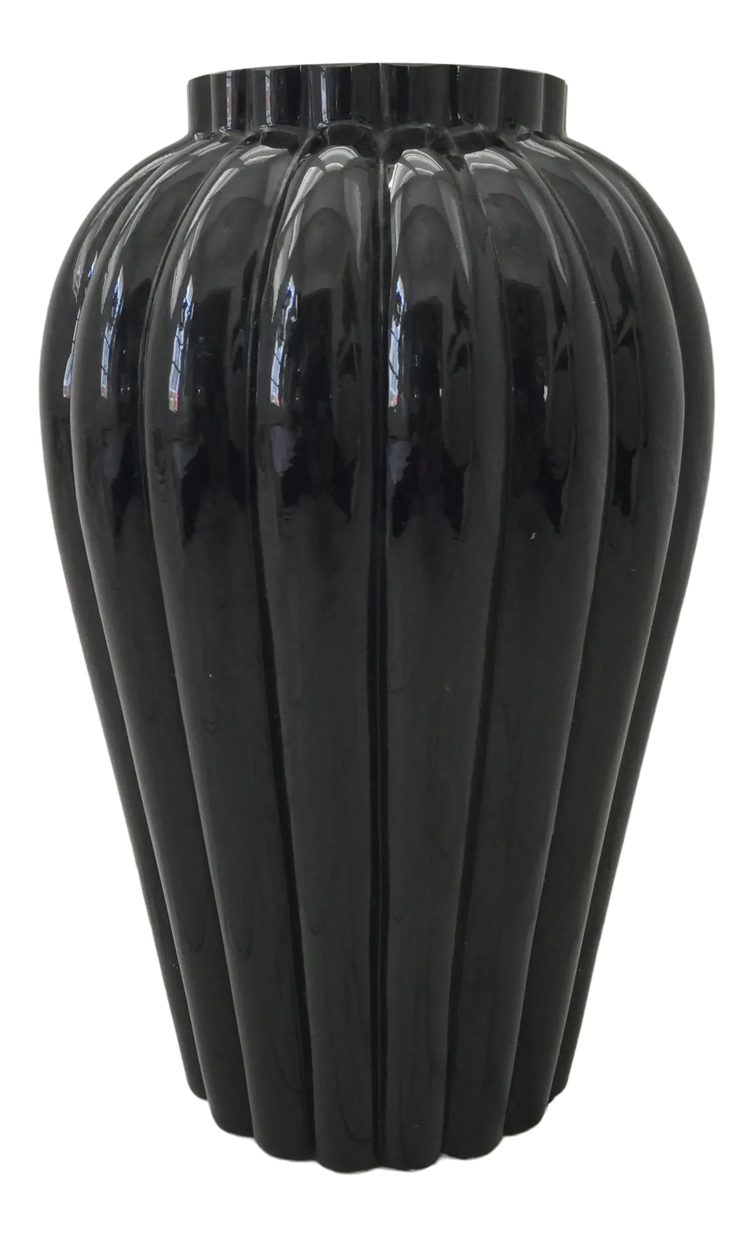 George Sakier for Fostoria Glass Company "Lotus" Vase: Super rare! Large size American Art Deco black vase designed in 1929 by George Sakier for Fostoria Glass Company. Condition: Alterations: Original Condition Unaltered Imperfections: Some Imperfections