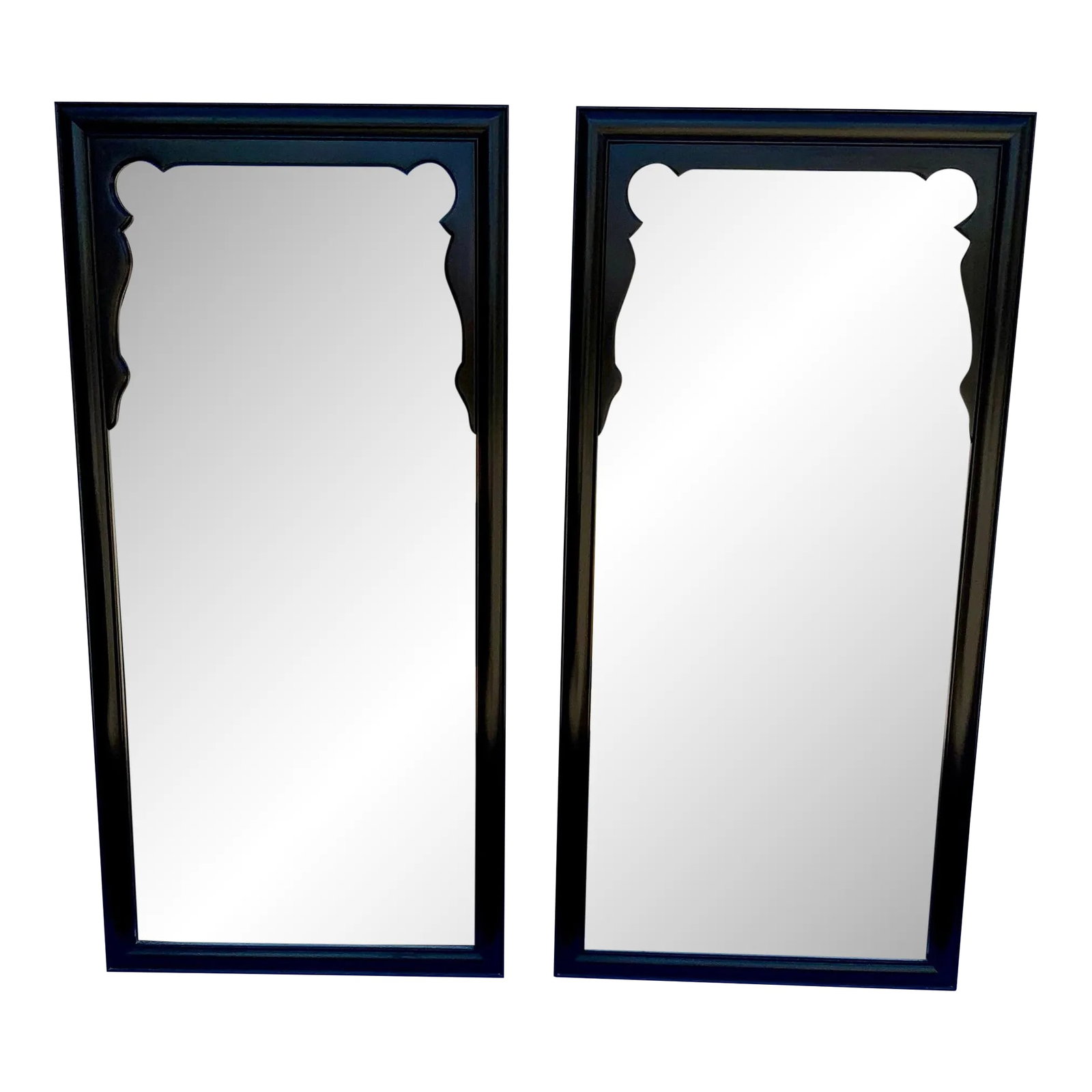 Pair of Chinoiserie Black Laquer Mirrors by Raymond Sobota for Century Furniture Chin Hua Collection: Elegant pair of black laquer tall wall mirrors designed by Raymond Sobota Chin Hua collection for Century furniture company Condition: Alterations: Original Condition Unaltered Imperfections: Some