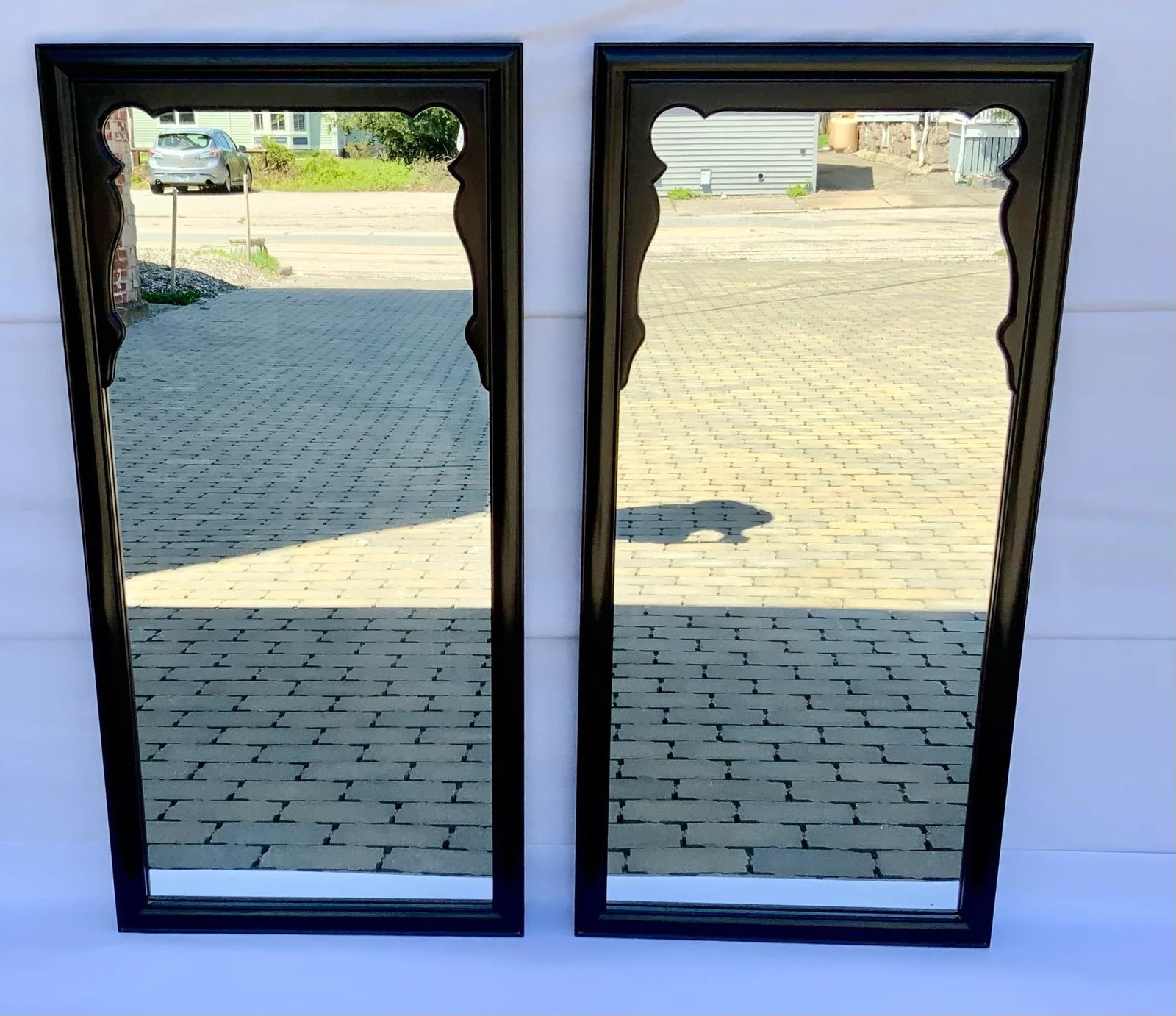 Pair of Chinoiserie Black Laquer Mirrors by Raymond Sobota for Century Furniture Chin Hua Collection - 3