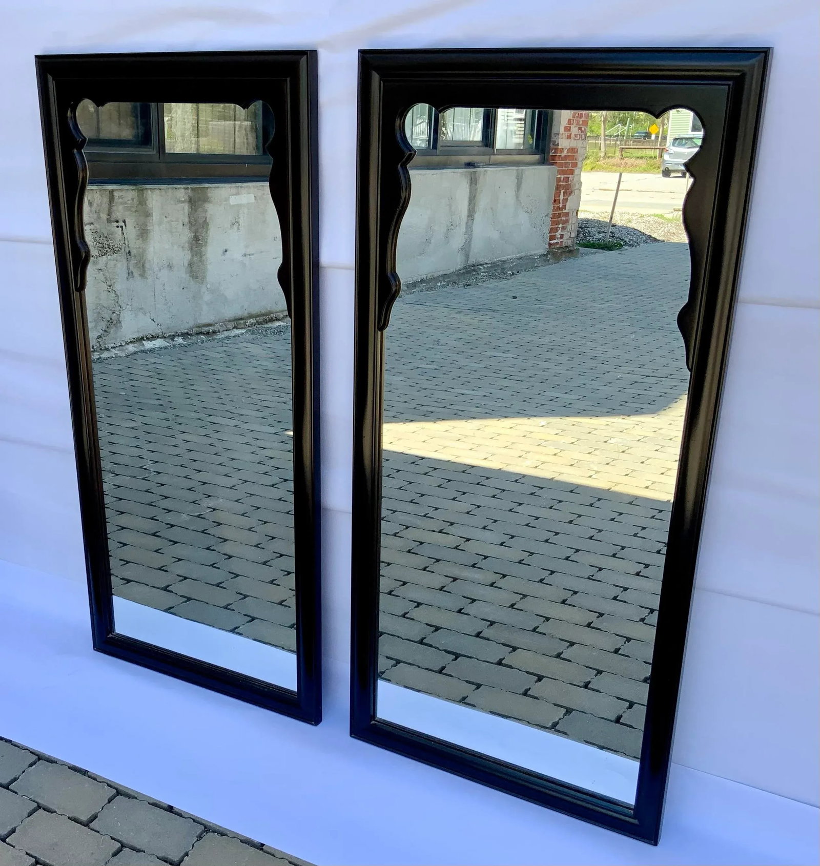 Pair of Chinoiserie Black Laquer Mirrors by Raymond Sobota for Century Furniture Chin Hua Collection - 4