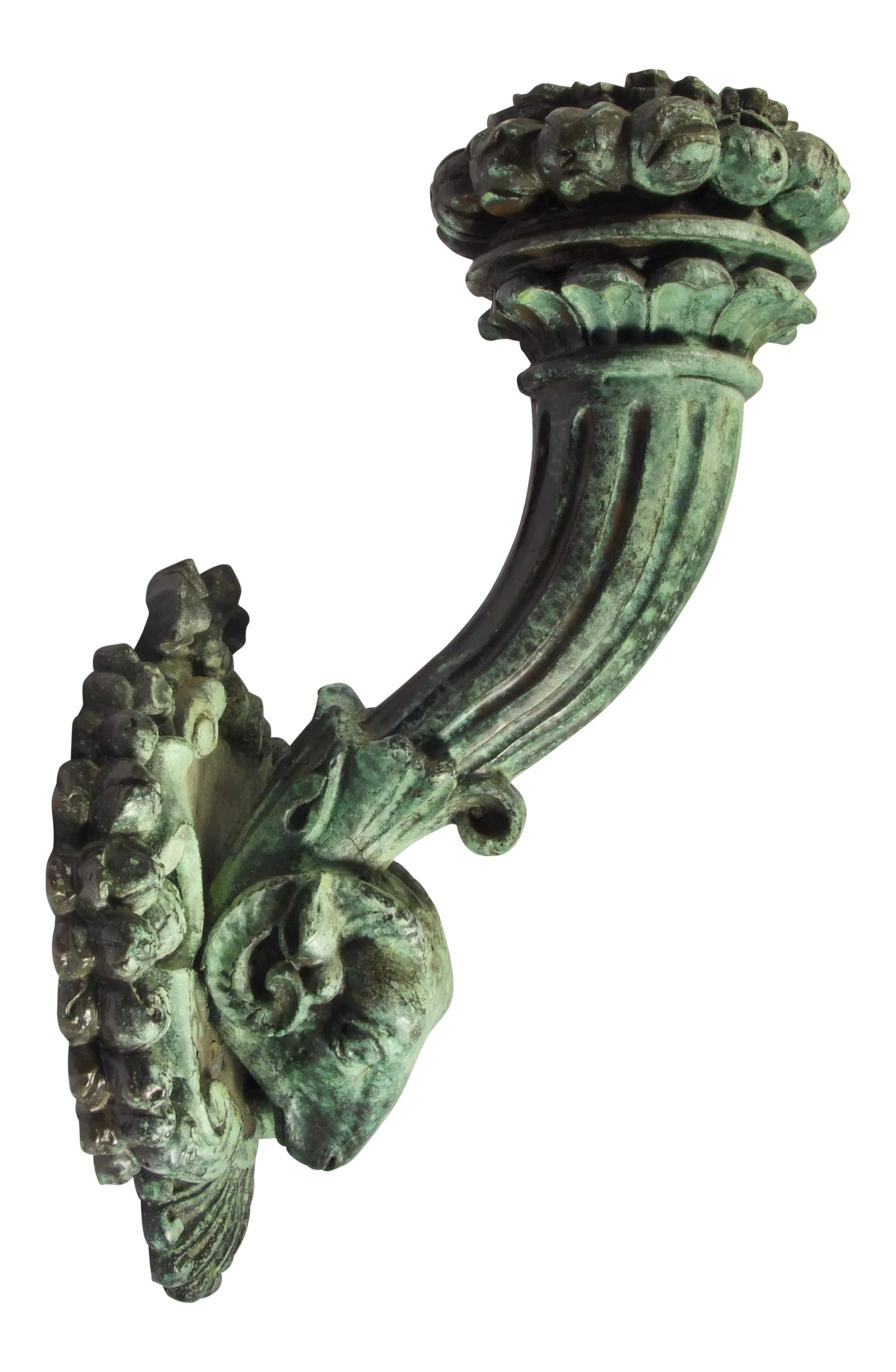 Bronze Torch Sconce: Bronze verdigris wall mount ram's head torch which was originally gas lit. Beautifully detailed with a ram's head with berry and shell motif back plate from which a fluted arm extends ending in a rose