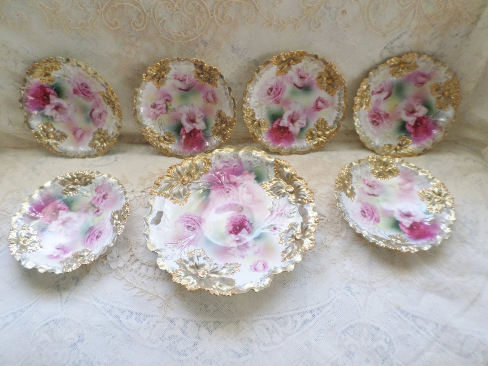 Antique RS Prussia Deep Pink Peonies and Gold Accented Porcelain Cake Set of 7 - 12