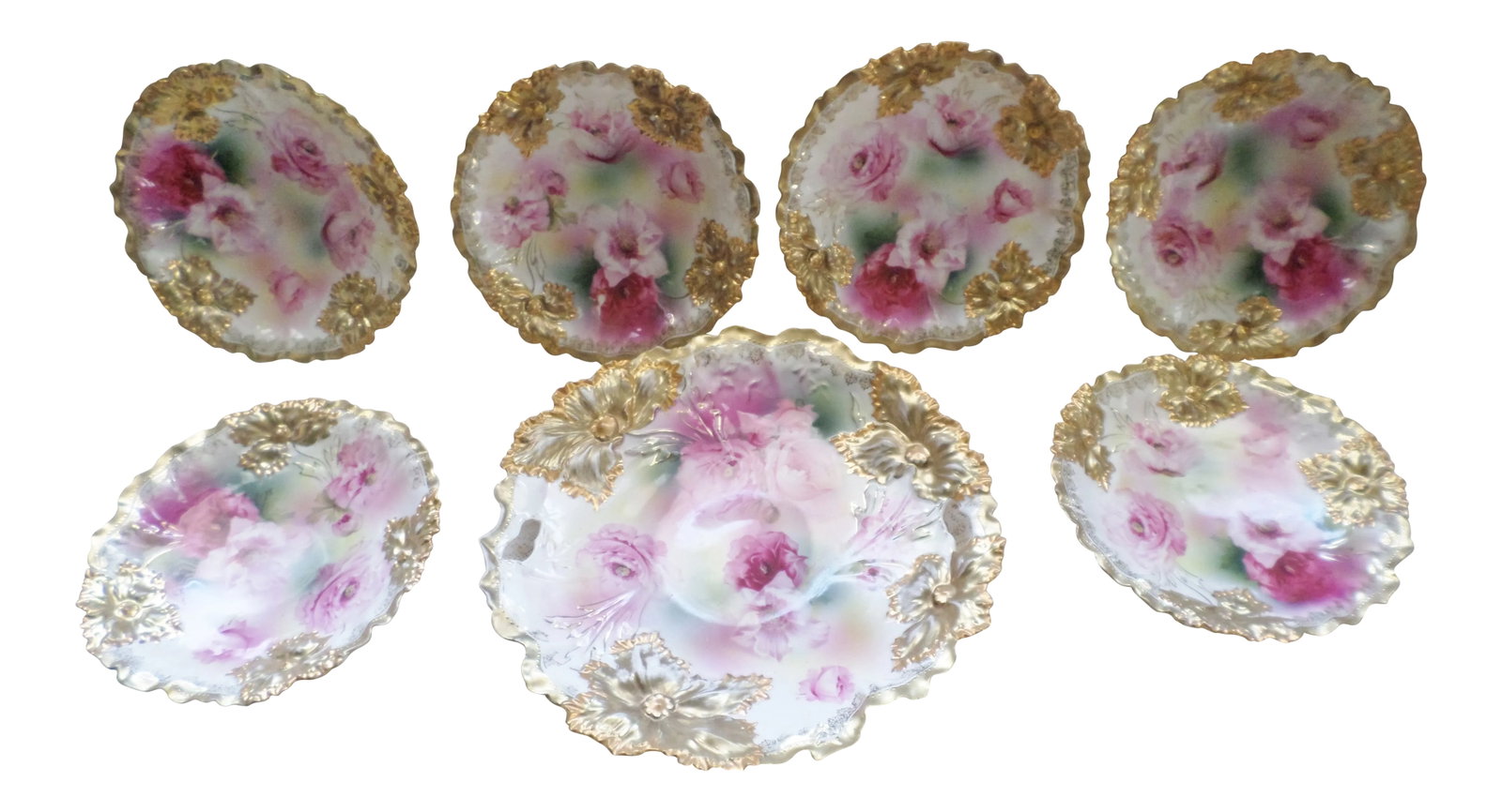 Antique RS Prussia Deep Pink Peonies and Gold Accented Porcelain Cake Set of 7: This is truly an outstanding antique RS Prussia porcelain 11" master cake plate with six matching 7.5" dessert plates that has a gorgeous pink peony design with blown out peonies in pink and gold and