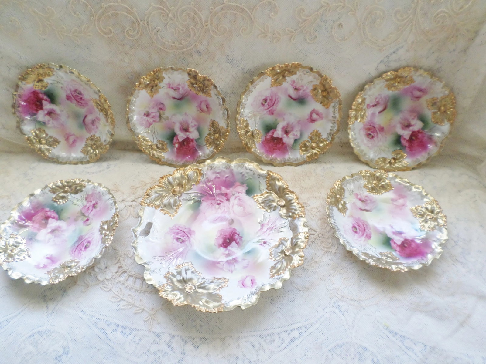 Antique RS Prussia Deep Pink Peonies and Gold Accented Porcelain Cake Set of 7 - 2