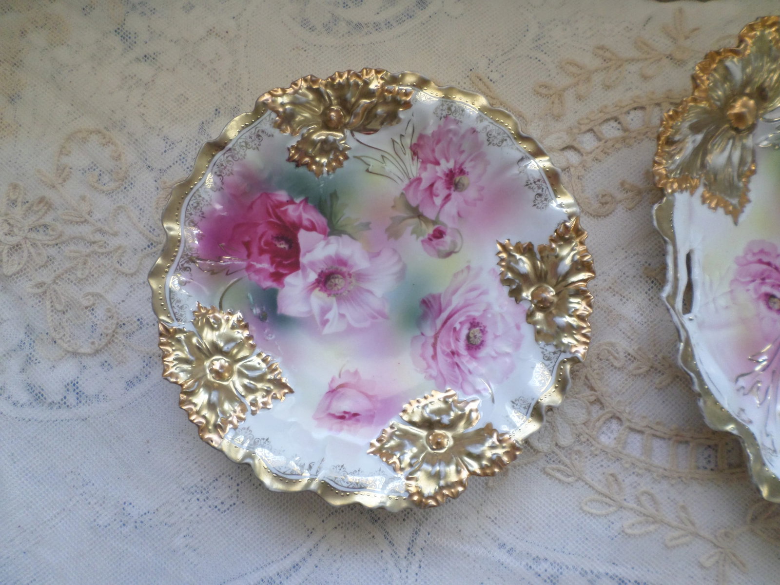 Antique RS Prussia Deep Pink Peonies and Gold Accented Porcelain Cake Set of 7 - 3