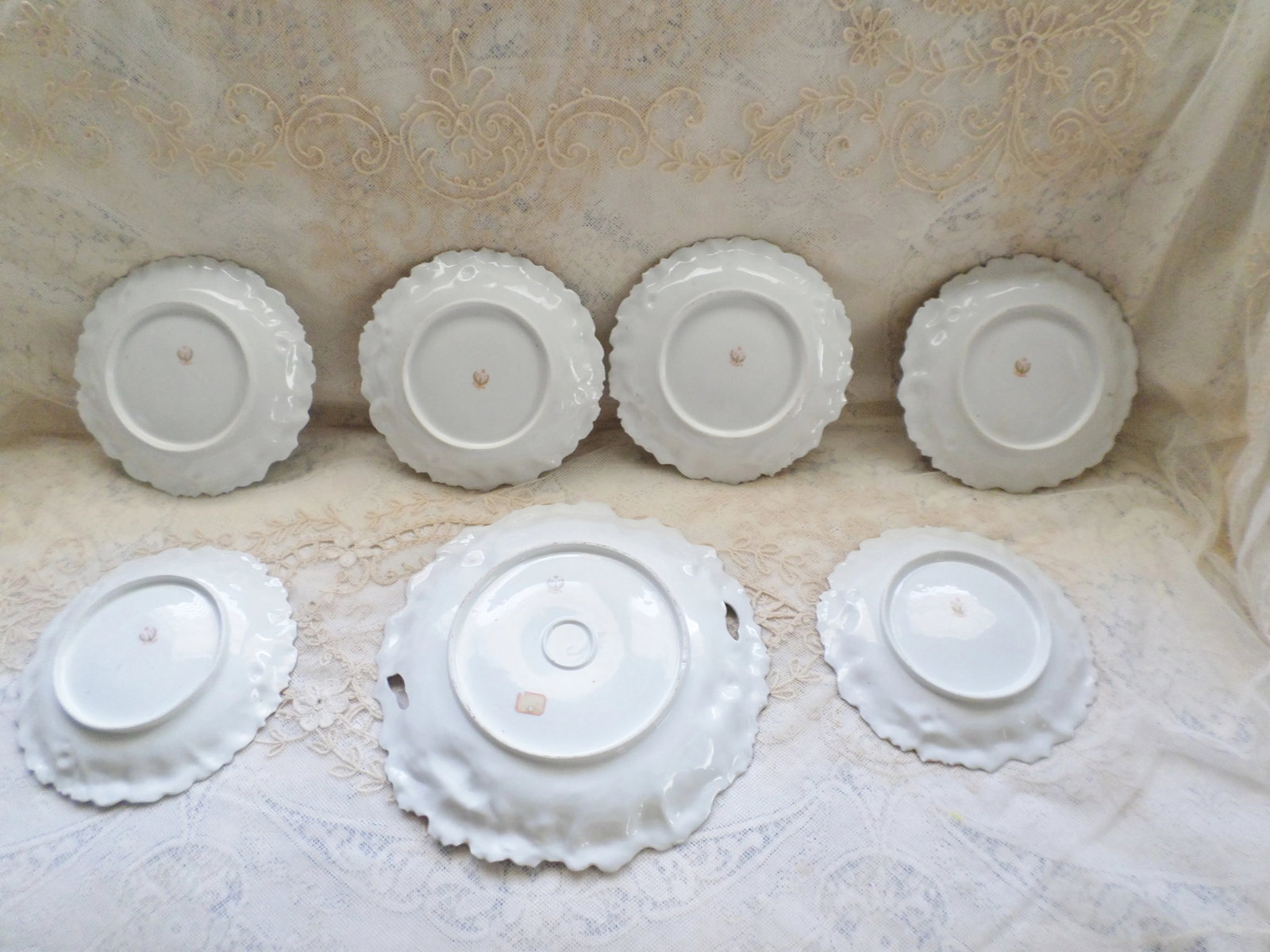 Antique RS Prussia Deep Pink Peonies and Gold Accented Porcelain Cake Set of 7 - 4