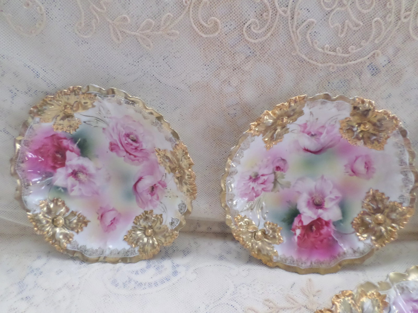 Antique RS Prussia Deep Pink Peonies and Gold Accented Porcelain Cake Set of 7 - 5