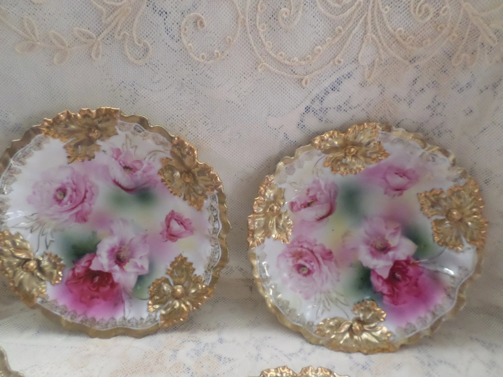 Antique RS Prussia Deep Pink Peonies and Gold Accented Porcelain Cake Set of 7 - 6