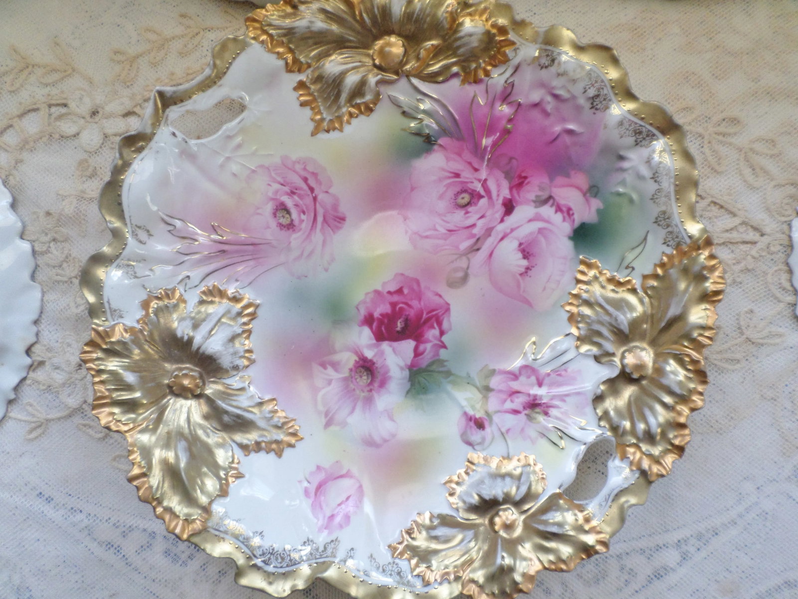 Antique RS Prussia Deep Pink Peonies and Gold Accented Porcelain Cake Set of 7 - 7