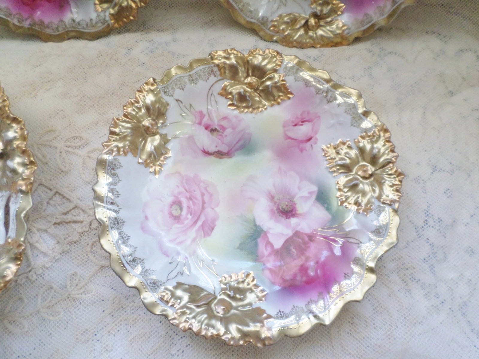 Antique RS Prussia Deep Pink Peonies and Gold Accented Porcelain Cake Set of 7 - 9