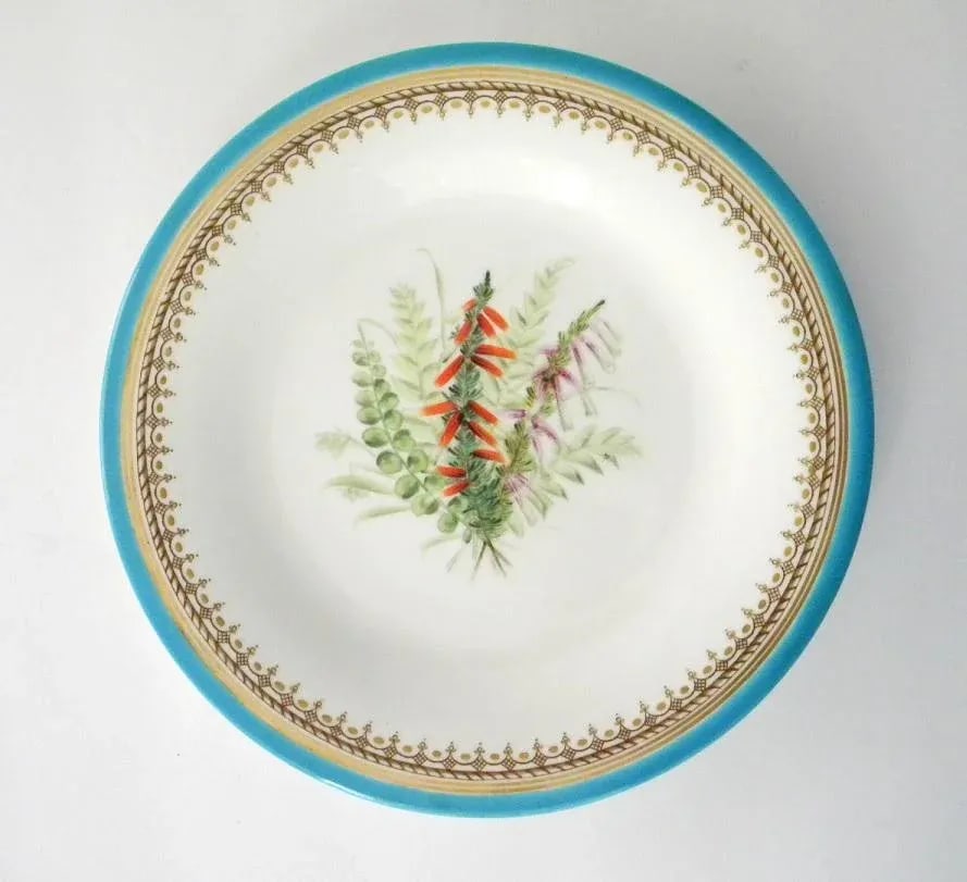 Antique Royal Worcester Victorian Floral Turquoise Dessert Plates and Compote - Set of 7 - 10