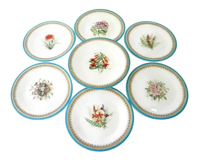 Antique Royal Worcester Victorian Floral Turquoise Dessert Plates and Compote - Set of 7: Elegant antique Royal Worcester dessert set of 6 plates and a compote, Victorian floral design with turquoise and gilt trim and different hand painted flowers. Rare piece. Each piece has a Royal