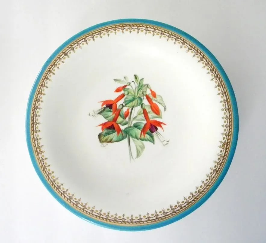 Antique Royal Worcester Victorian Floral Turquoise Dessert Plates and Compote - Set of 7 - 3