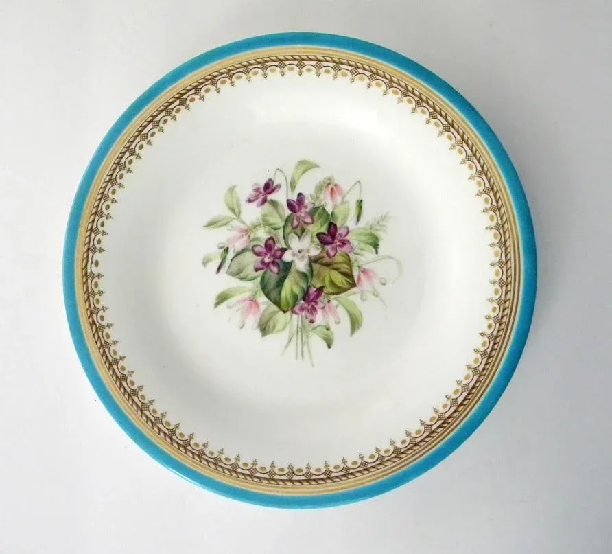 Antique Royal Worcester Victorian Floral Turquoise Dessert Plates and Compote - Set of 7 - 7