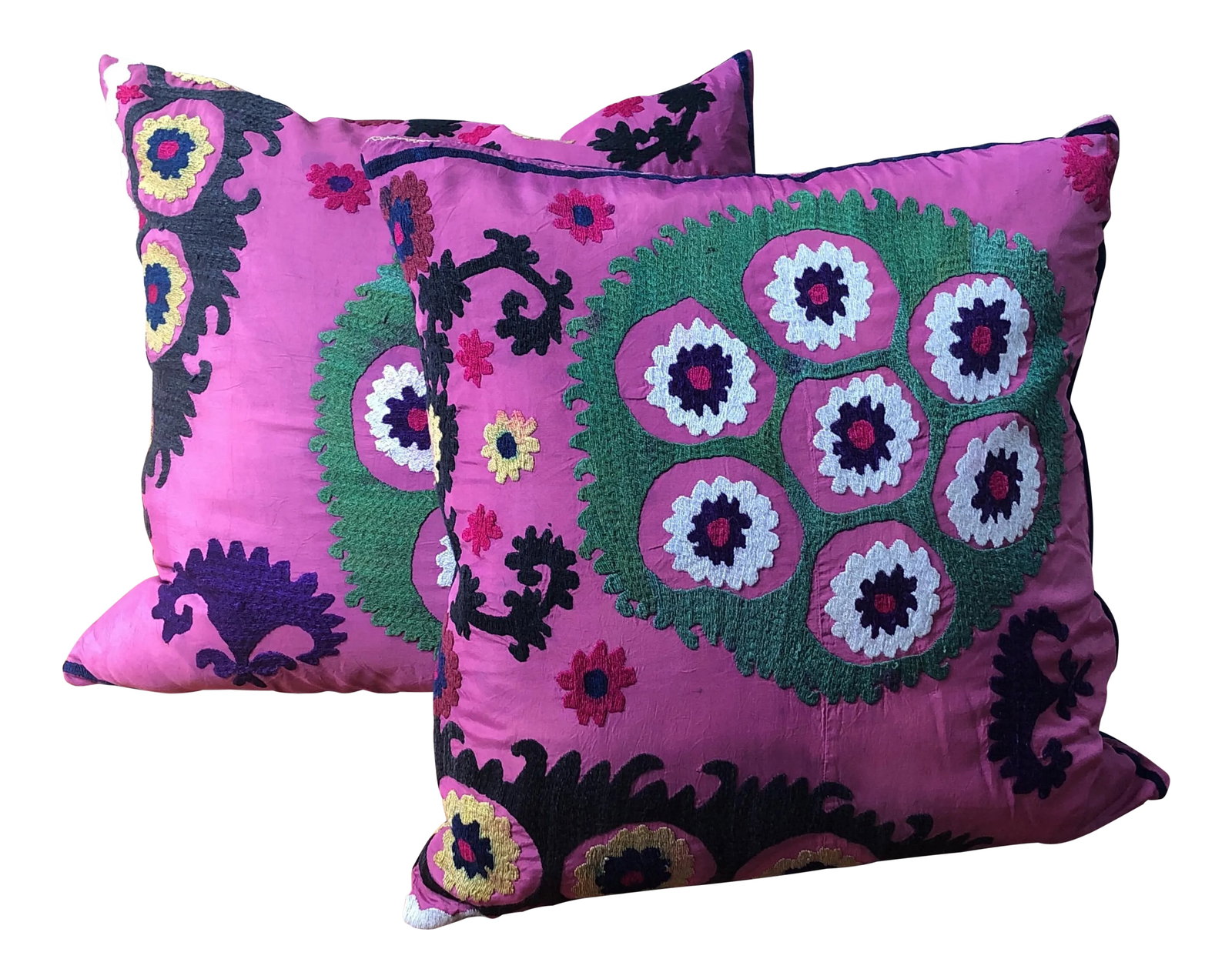 Turkish Suzani Pillows - A Pair: Exquisite vintage embroidered purple suzani pillows. Made in the late 20th century. Fashioned From a Vintage Uzbek Suzani. Condition: Alterations: Original Condition Unaltered Imperfections: Some