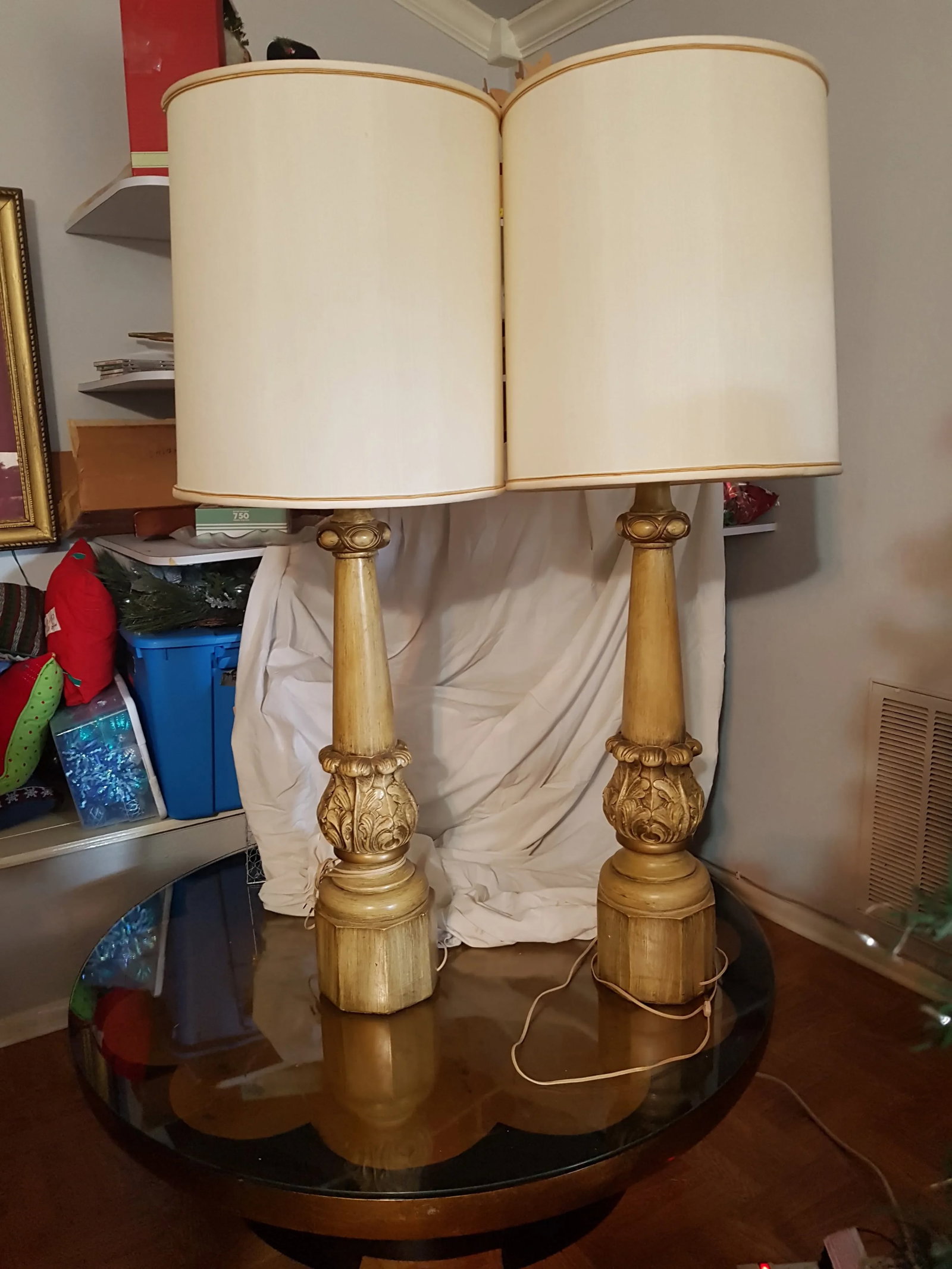 Hand Carved Wooden Lamps Circa 1930 - A Pair - 12