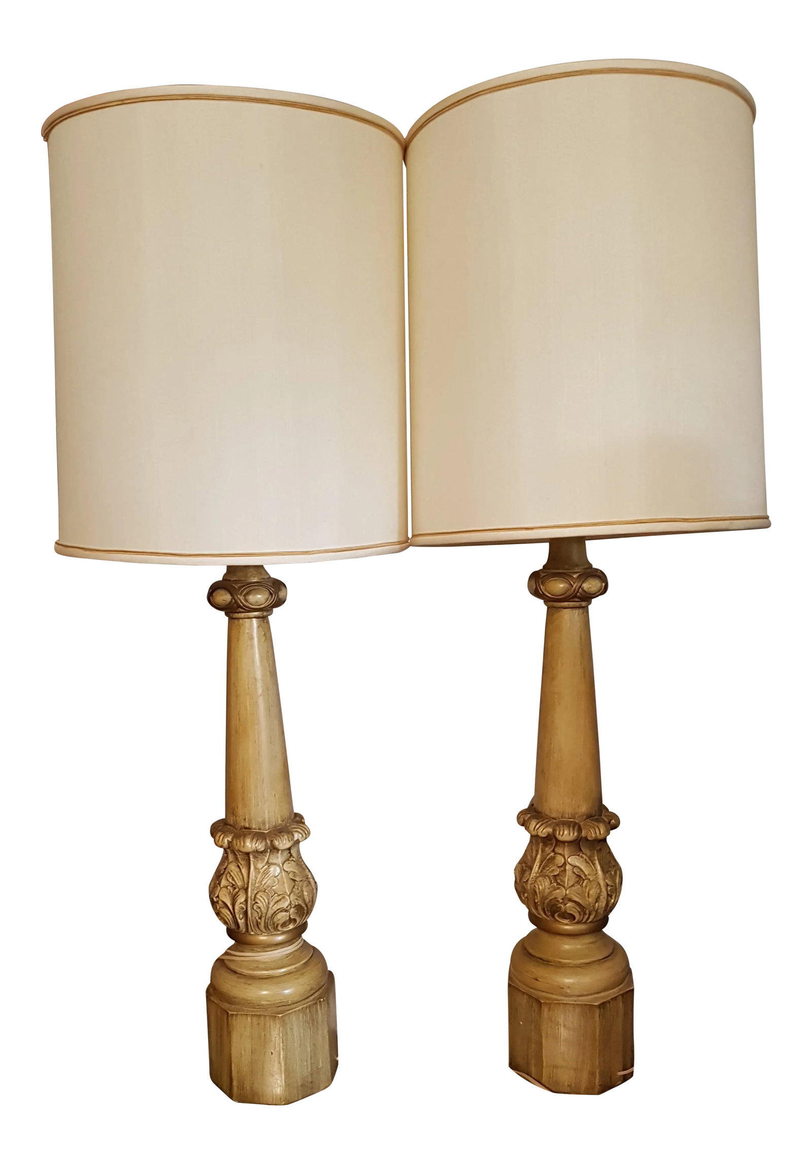 Hand Carved Wooden Lamps Circa 1930 - A Pair: These lamps have an unknown origin story, as far as how they were acquired or even where they are from. It has been speculated that they came from France and that the intricate designs are hand carved