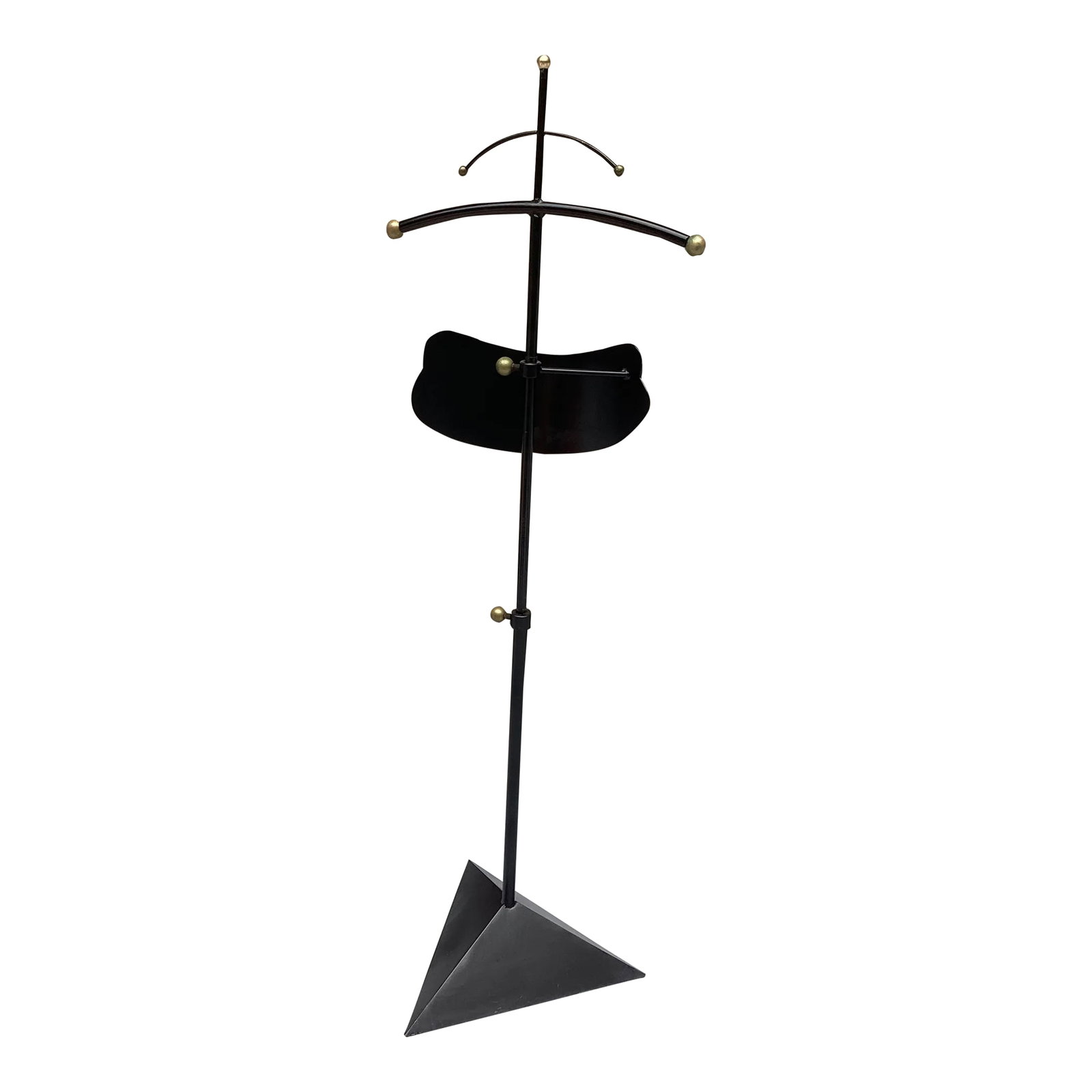 1980s Vintage Post Modern Metal Valet: I've seen many men's, ladies valets, or mannequins, but I've not see one like this. At first glance it looks like an abstract work of art! Black metal, with round brass ends, finials. Post Modern, Mem