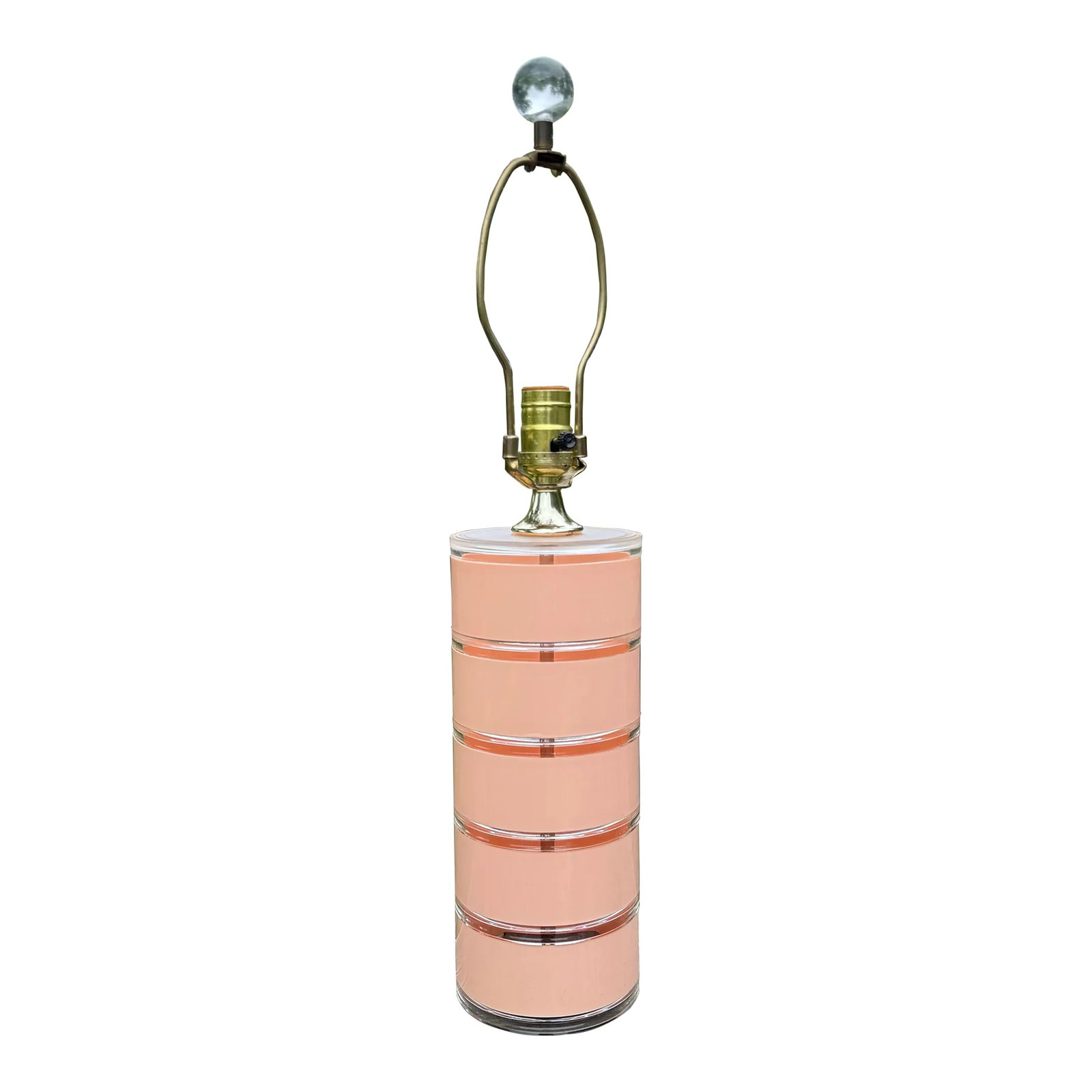 Vintage Optique Lucite Stackable Disc Table Lamp: Peachy/Pink colored disc are made of lucite and stacked together, comes with its original round lucite finial. Lamp measures 24" to top of finial, 16" to top of socket. Condition: Alterations: Origina