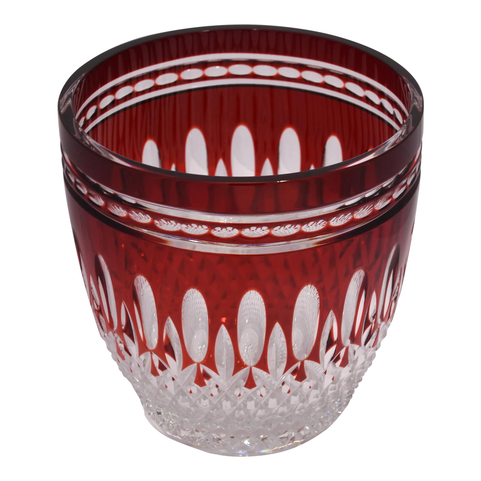 Vintage Waterford Crystal Clarendon Ruby Ice Bucket Red Cut to Clear: A vintage Waterford Crystal Clarendon pattern ice bucket in ruby cut to clear. Circa 1997 - 2008. Measures 7 3/8" high x 7" diameter. Condition Report: 9.0/10. Clean. No chips or cracks. Minor scratch