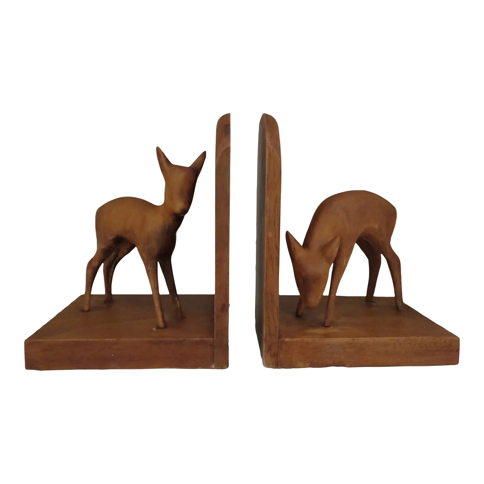 Vintage Mid-Century Modern Wood Deer Bookends, Oberlander Handarbeit Hand Carved in Switzerland - a: A beautiful set of hand carved wooden bookends featuring deer; the deer on the right is feeding and the deer on the left has just noticed you and is standing up. Labeled with a red paper label,