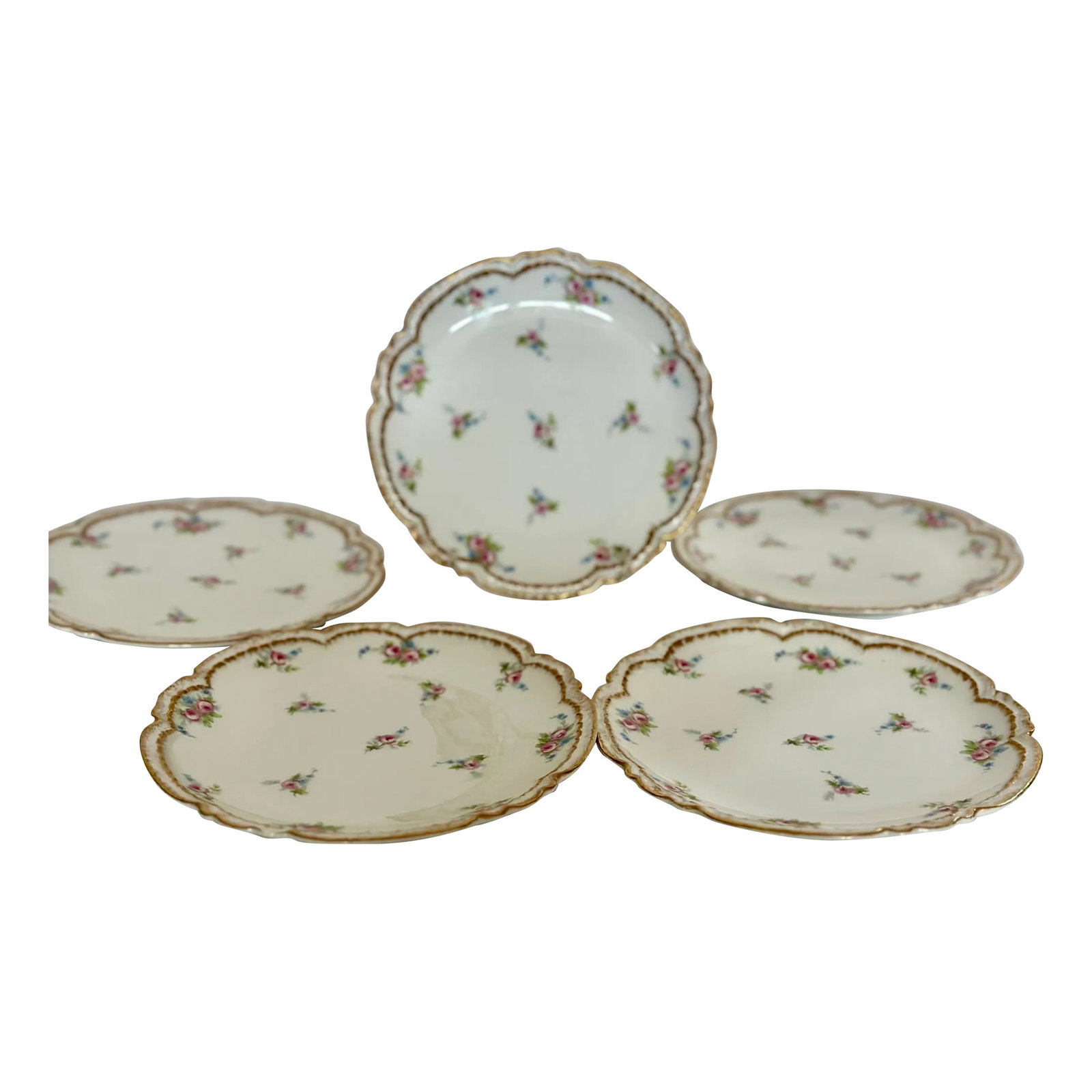 Early 20th Century Limoges Haviland Floral Dessert Plate Set- 5 Pieces: Set of five lovely Haviland Limoges dessert plates in a sweet floral pattern with gold trim. These were my grandparents' so definitely old. Excellent condition with the exception of one chip on one pl