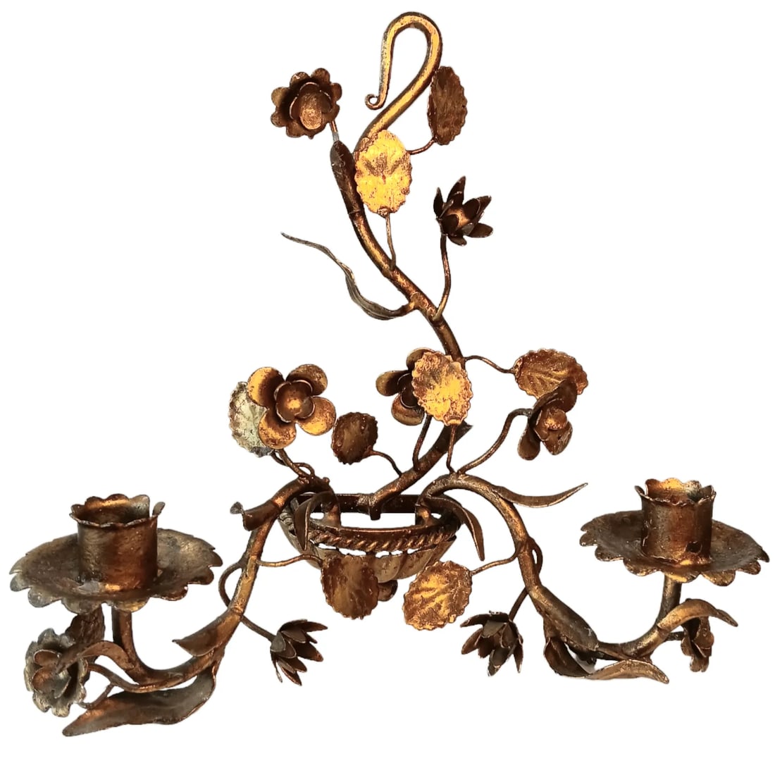 Vintqge Gold Gilt Candle Wall Sconces Two Arm Flowers and Leaves Set of Two - 10