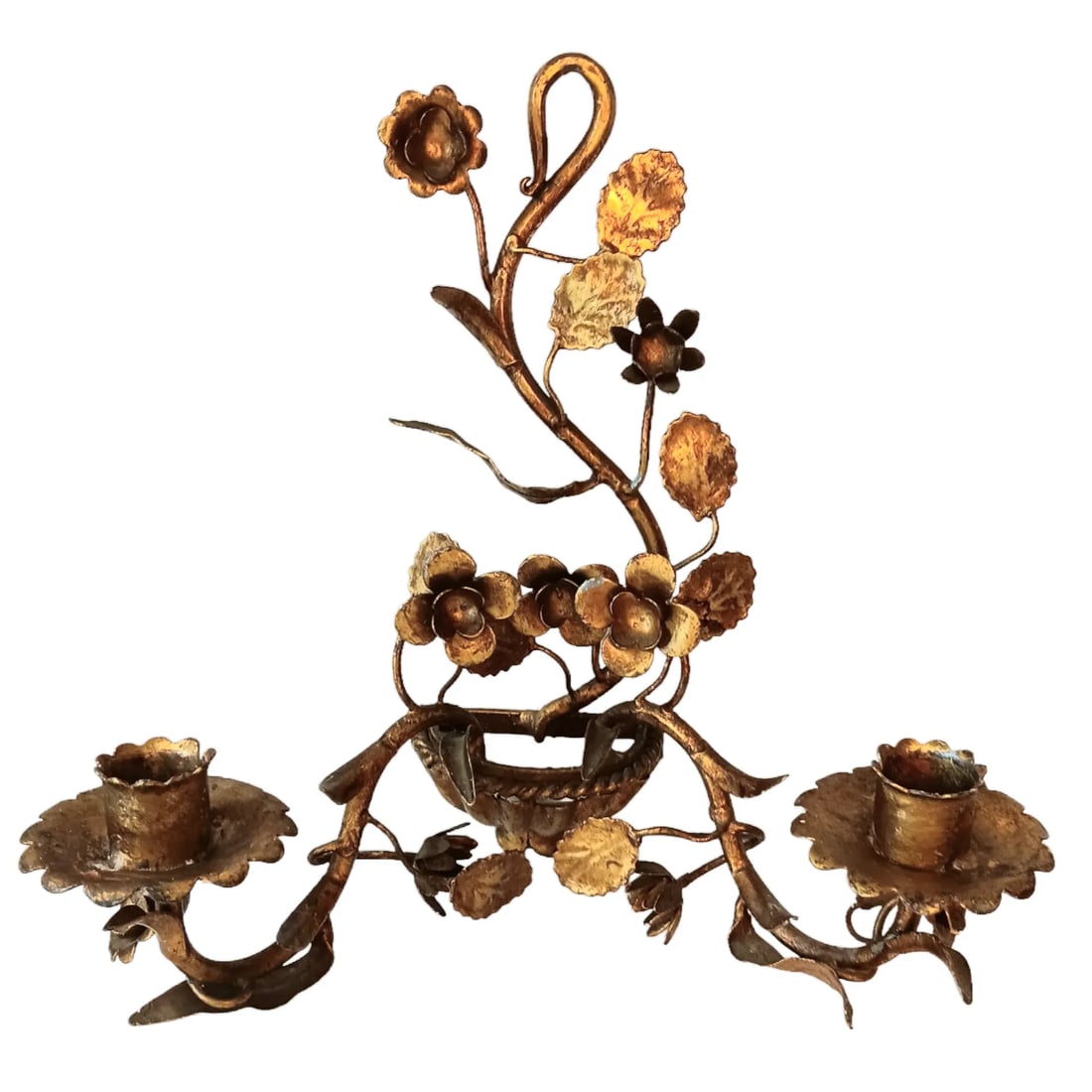 Vintqge Gold Gilt Candle Wall Sconces Two Arm Flowers and Leaves Set of Two - 12