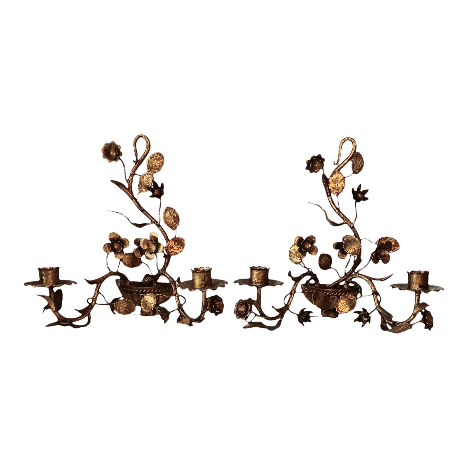 Vintqge Gold Gilt Candle Wall Sconces Two Arm Flowers and Leaves Set of Two: Vintqge Gold Gilt Two Arm Candle Wall Sconces with Flowers and Leaves Set of Two Approximately 12" x 11.5" x 6" Each wall sconce weighs approximately 1 lb 16 oz Good condition. Has patina, wear, and