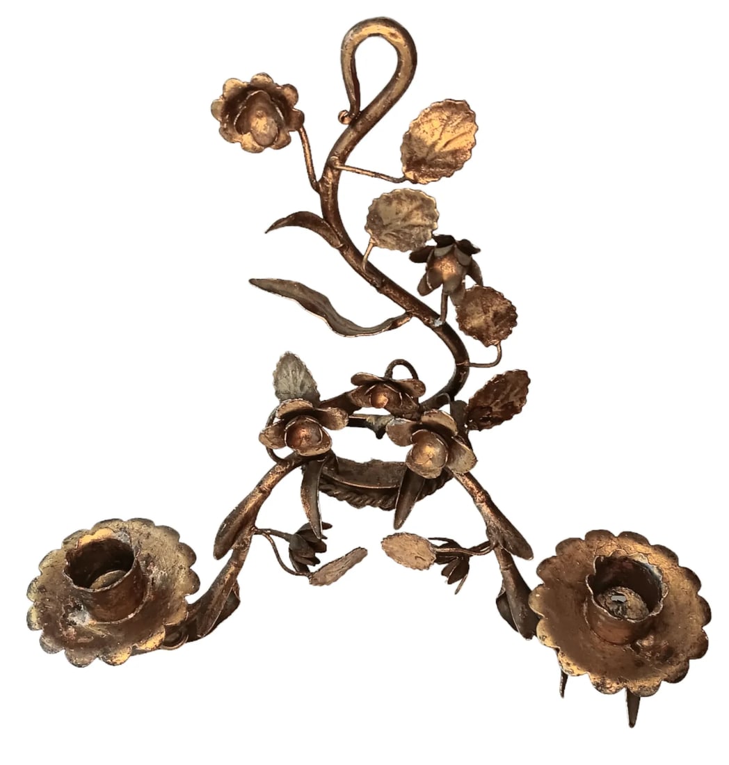 Vintqge Gold Gilt Candle Wall Sconces Two Arm Flowers and Leaves Set of Two - 2